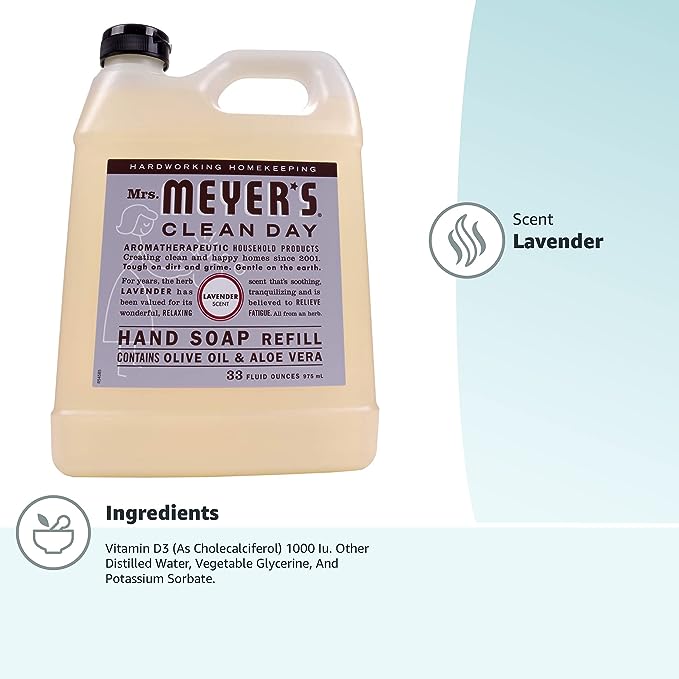 Mrs. Meyer's Hand Soap Refill, Made with Essential Oils, Biodegradable Formula, Lavender, 33 fl. oz