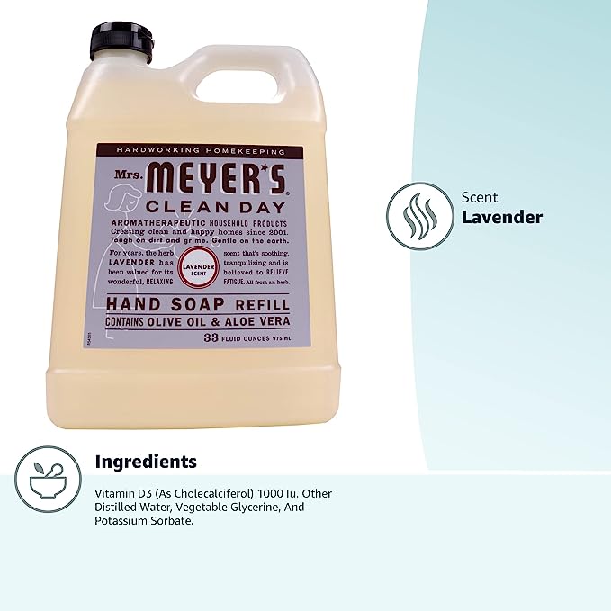 Mrs. Meyer's Hand Soap Refill, Made with Essential Oils, Biodegradable Formula, Lavender, 33 fl. oz