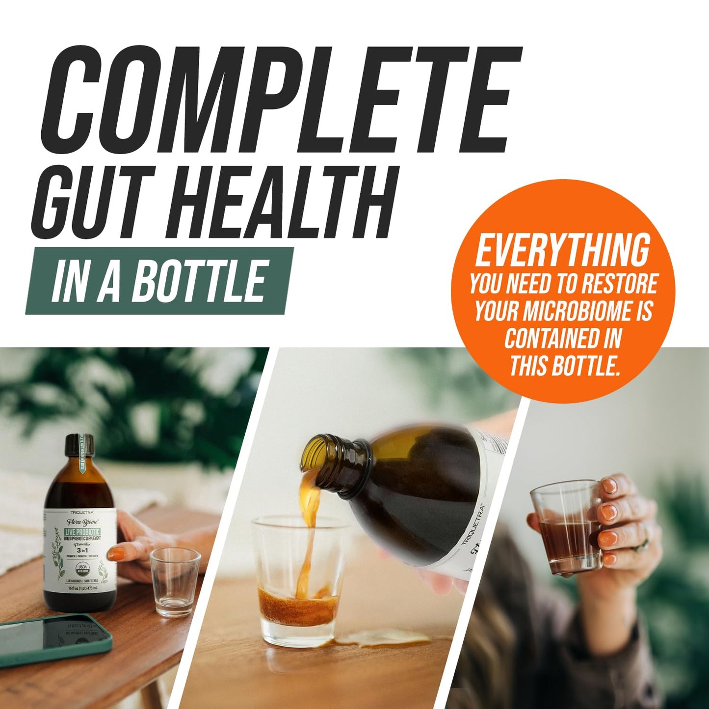 Flora Biome - Live Probiotic, Prebiotic, & Postbiotic – Organic Live-Culture – 10 Probiotic Strains, 18 Fermented Herbs - Complete Gut Health & Microbiome Optimizer (16 oz)