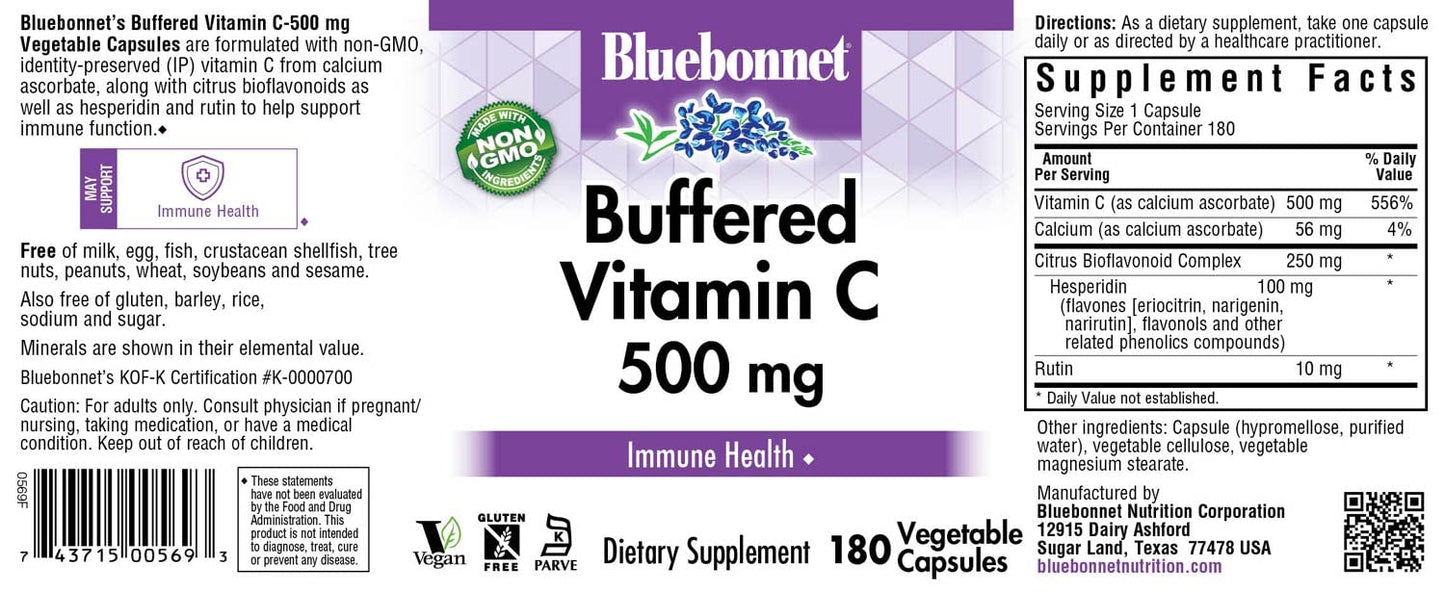 BlueBonnet Nutrition Buffered Vitamin C-500 mg Vegetable Capsules, Buffered Calcium Ascorbate, For Immune Health, Soy Free, Gluten Free, Non-GMO, Kosher, Dairy Free, Vegan, 180 Vegetable Capsules ('743715005693)