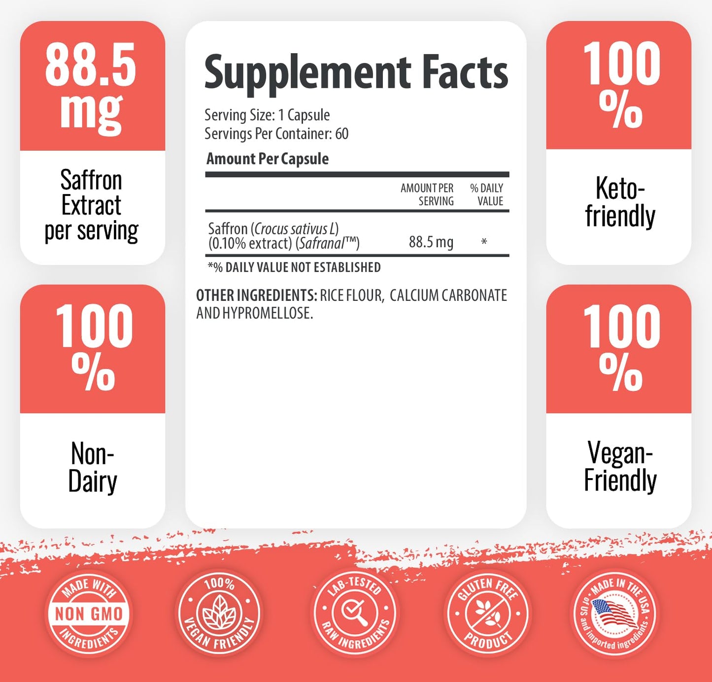 1 Body Saffron Extract Supplement, 88.5 mg Safranal, Antioxidant and Mood Support, Vegetarian Capsules
