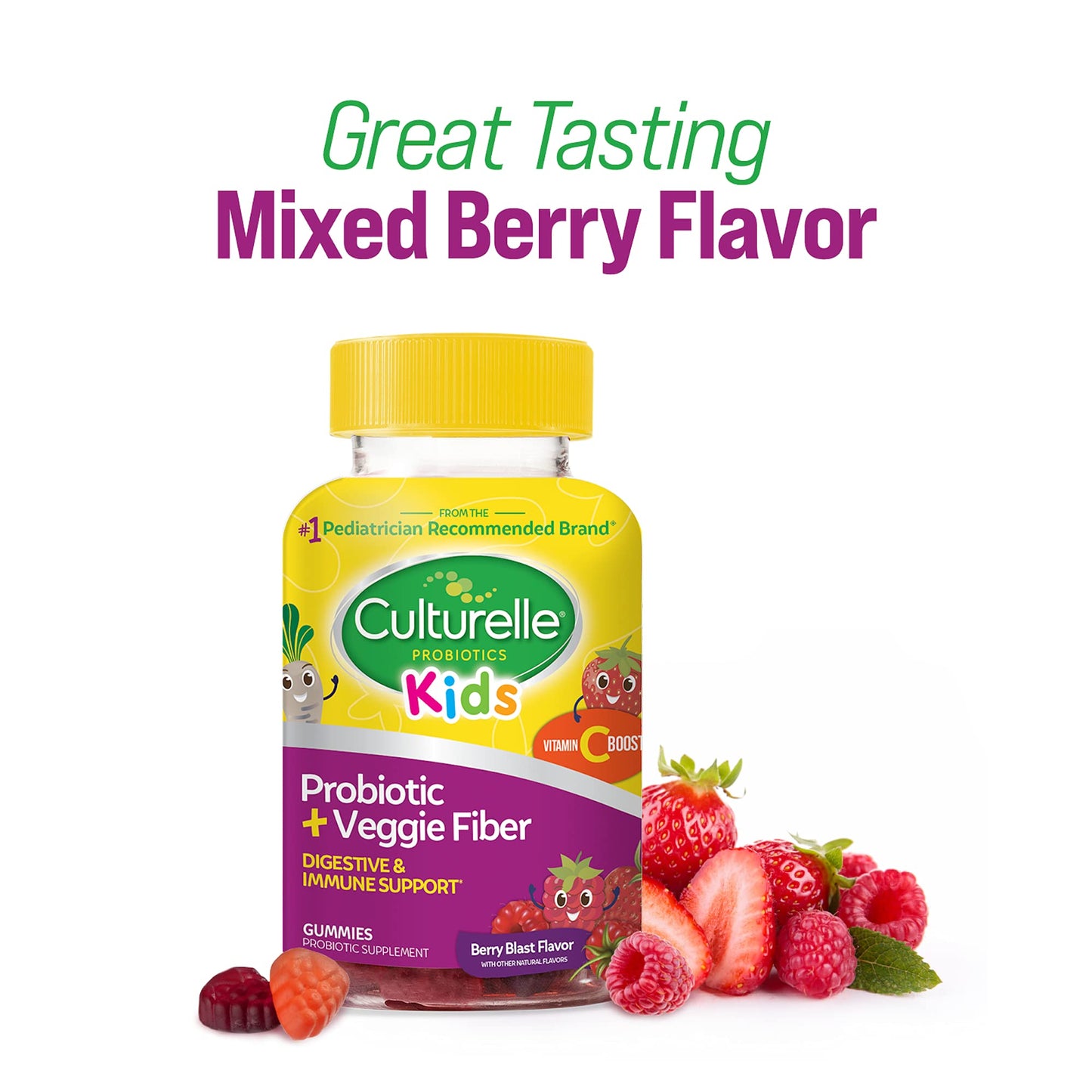 Pre-Order | Arrives in 5–10 Days – Culturelle Daily Probiotic for Kids + Veggie Fiber Gummies (Ages 3+) 30 Count Berry Flavor - Probiotics for Digestive Health & Immune Support Plus Vitamin C Kids Boost