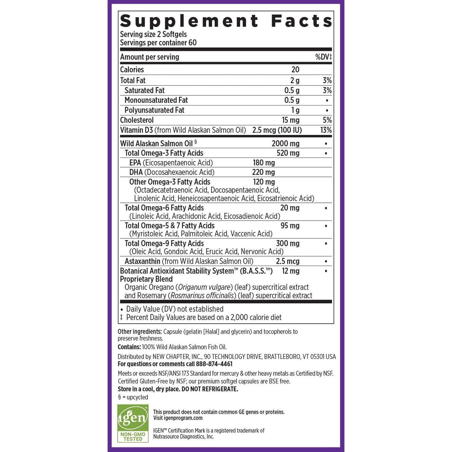 New Chapter Wholemega Fish Oil Supplement - Wild Alaskan Salmon Oil with Omega-3 + Vitamin D3 + Astaxanthin + Sustainably Caught - 120 ct, 1000mg Softgels