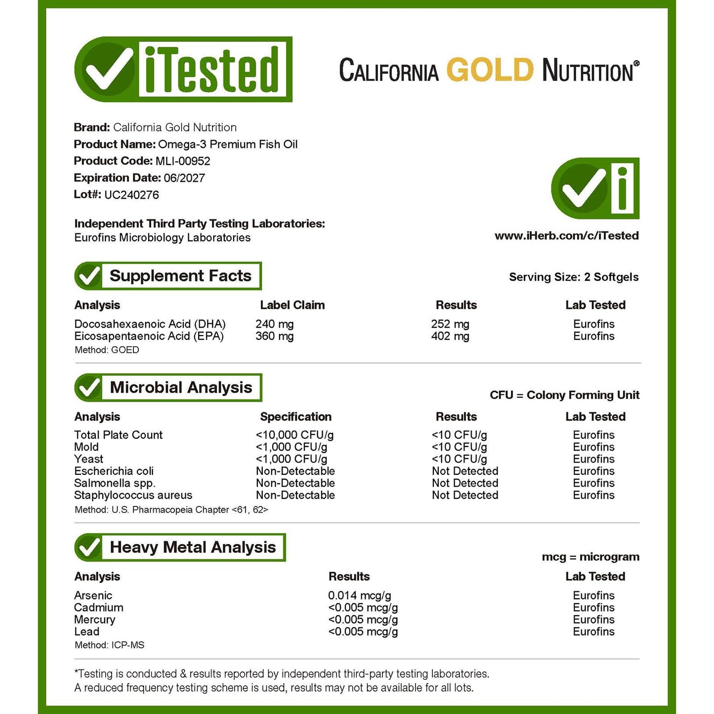 California Gold Nutrition Omega-3 Premium Fish Oil, Concentrated Formula with EPA & DHA, Support for Optimal Lipid Profile & Immune System, Gluten Free, Non-GMO, 100 Fish Gelatin Softgels