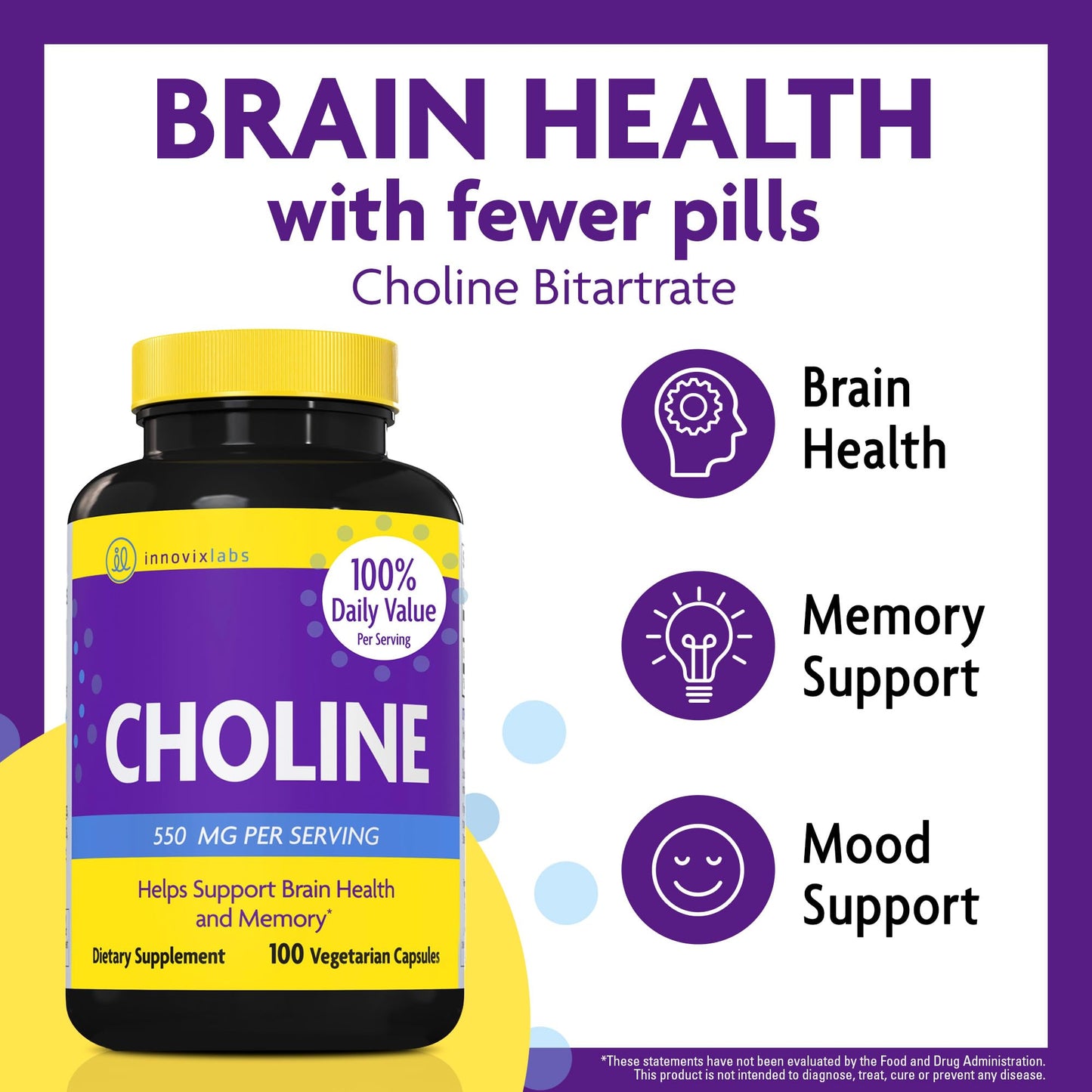 InnovixLabs Choline Supplement 550mg Pure Choline Bitartrate for Brain Health, Focus, Memory, Cognitive Development, Fatty Liver and Mood Support for Women and Men, 100 Capsules