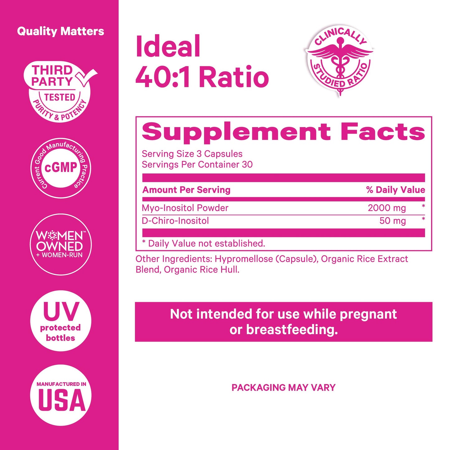 Pink Stork Myo-Inositol & D-Chiro Inositol Supplement - Hormonal Balance for Women - Ovarian Support - 40:1 Ratio - Fertility Supplements for Women - 90 Capsules, 1 Month Supply