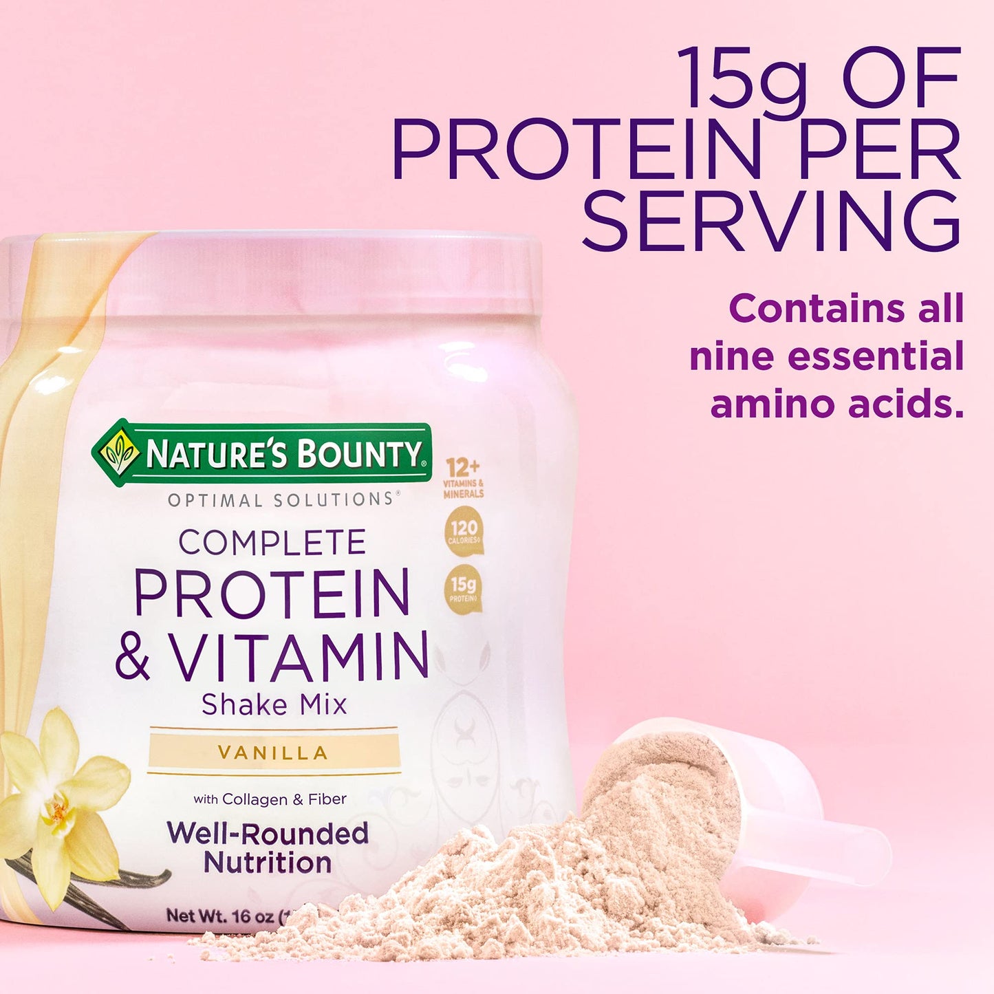Nature's Bounty Complete Protein & Vitamin Shake Mix with Collagen & Fiber | Contains Vitamin C for Immune Health | Vanilla Flavored | 1 lb