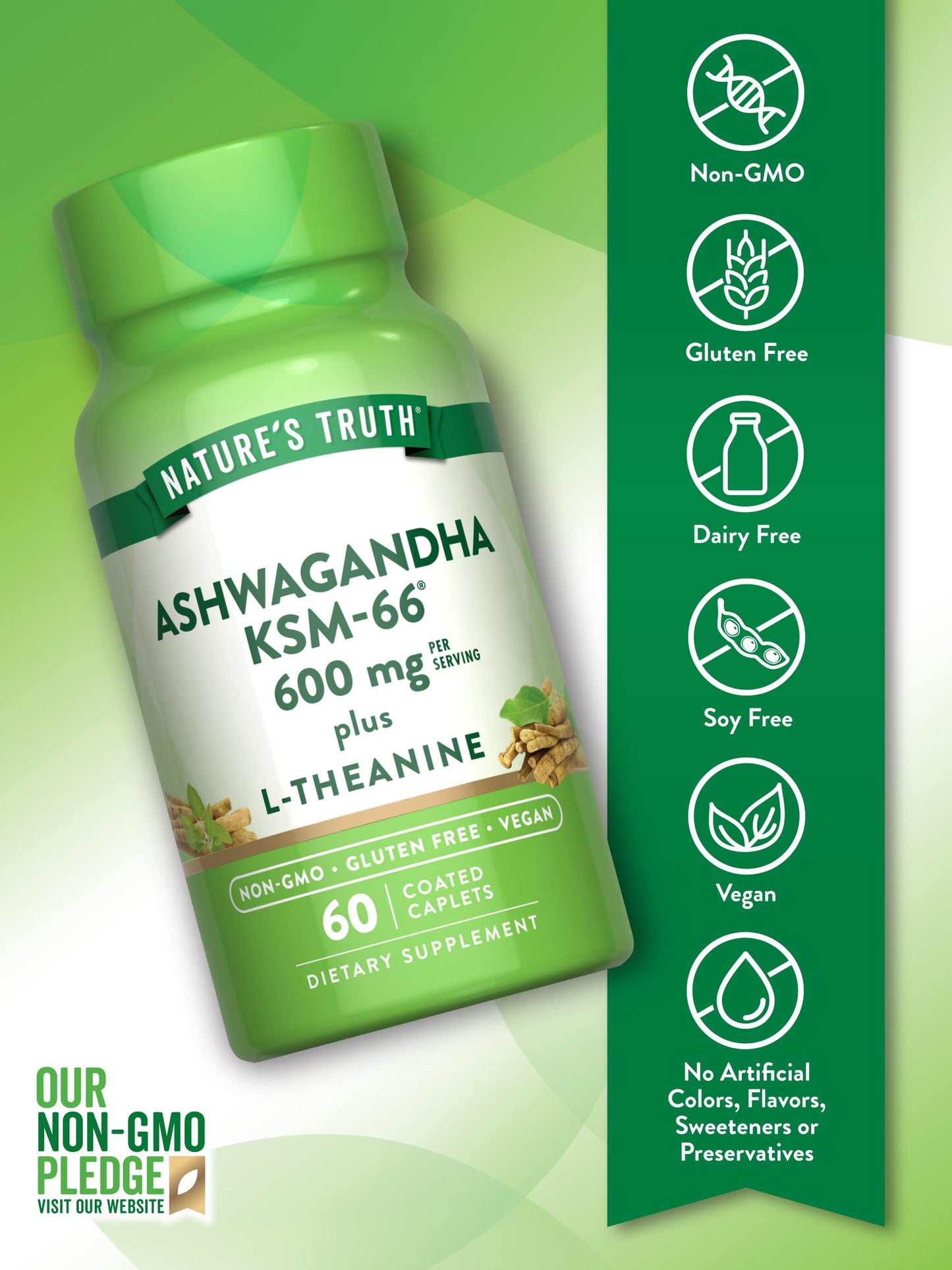 Nature's Truth KSM-66 Ashwagandha | 60 Caplets | with L-Theanine | Vegan, Non-GMO, & Gluten Free Supplement