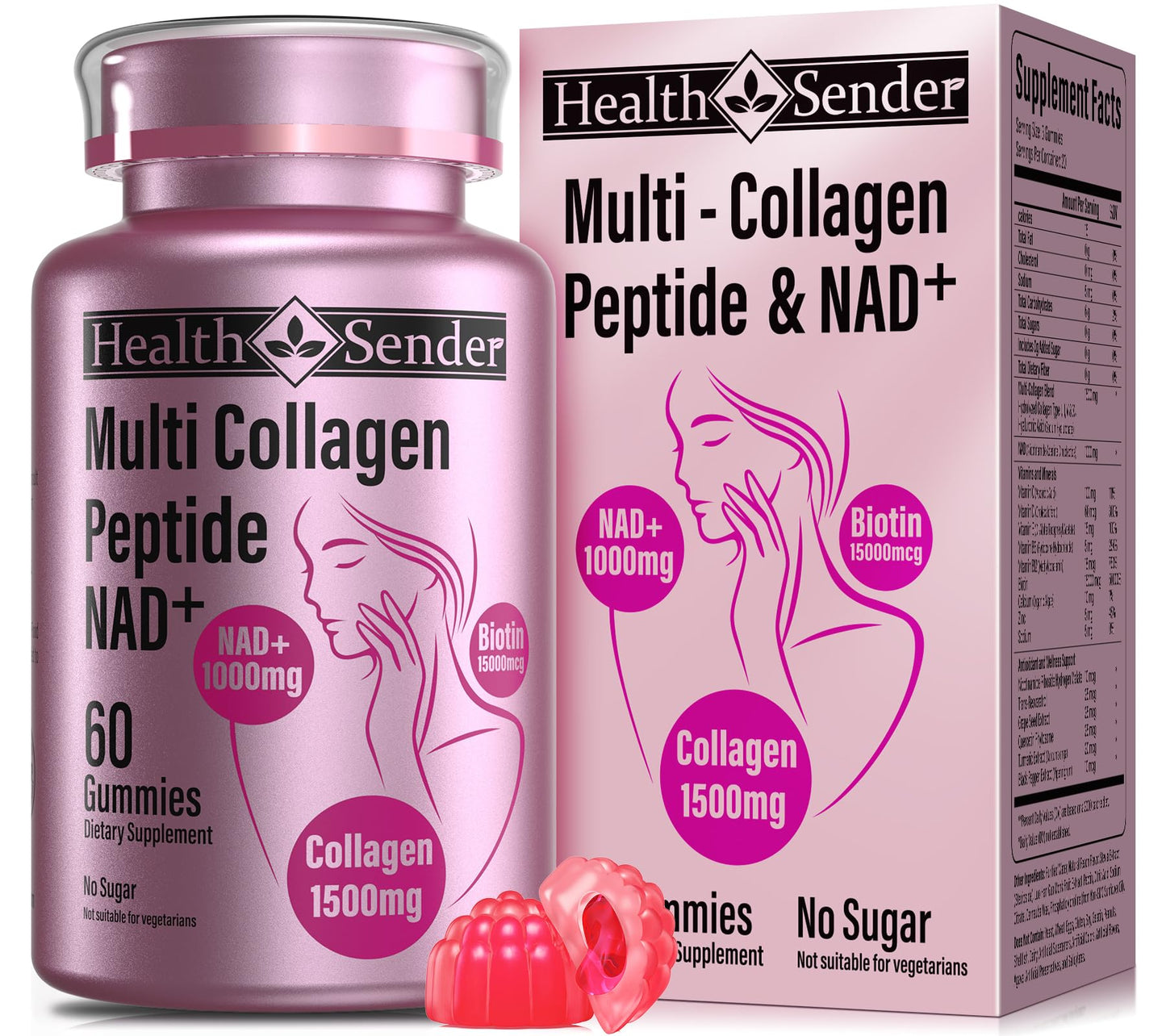 HealthSender Hydrolyzed Collagen Peptide Filled Gummies, 1500mg Protein Type I,II,III,V,X,1000mg NAD 15000mcg Biotin Supplement for Sugar-Free Man&Woman,AI-Fomular HCL for Skin,Hair,Nails