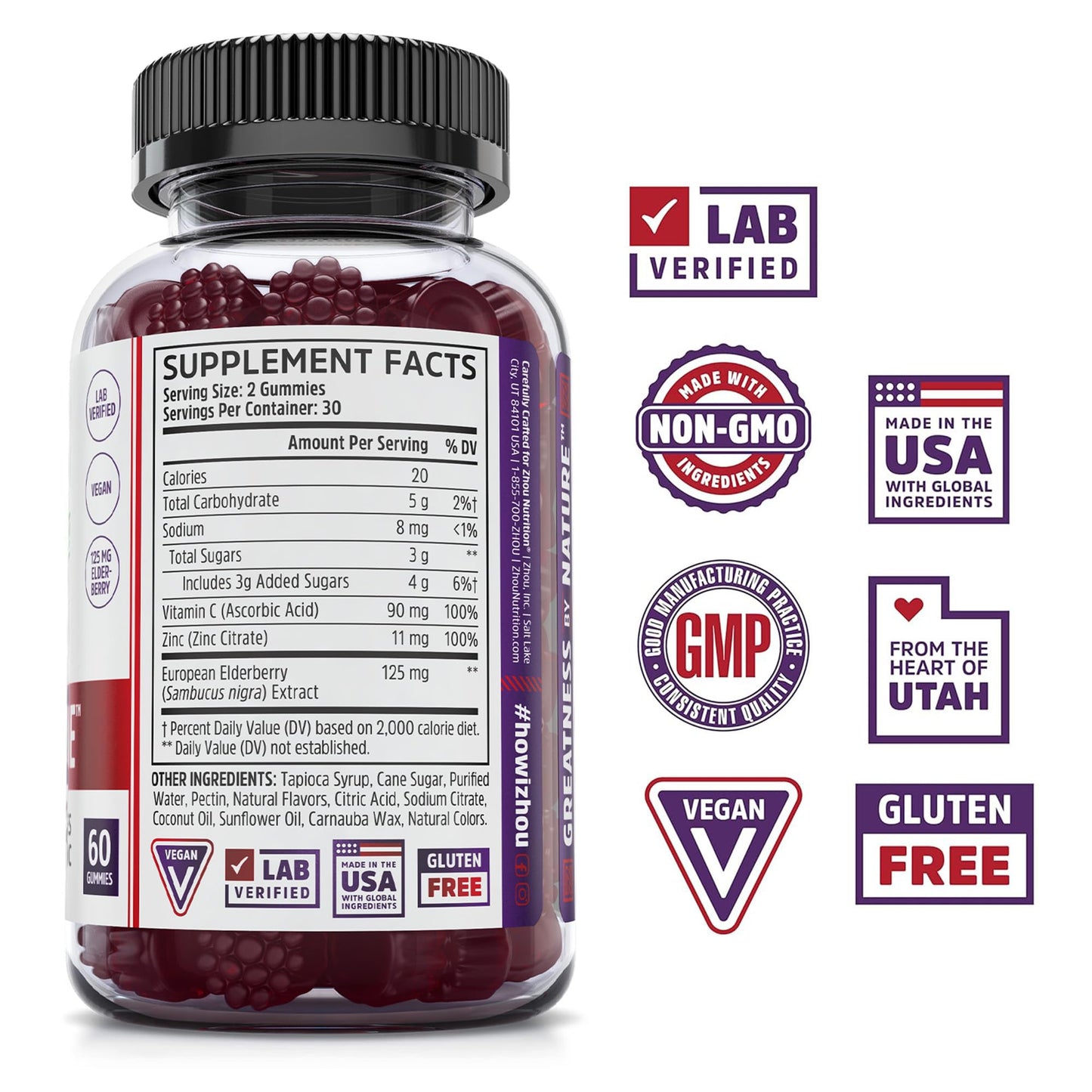 Zhou Elder-Mune Elderberry Gummies - Elderberry Vitamin C and Zinc, Daily Immune Support Supplemenet for Women & Men, Chewable Natural Black Elderberry for Adults & Children 4 & Up - 60 Gummies