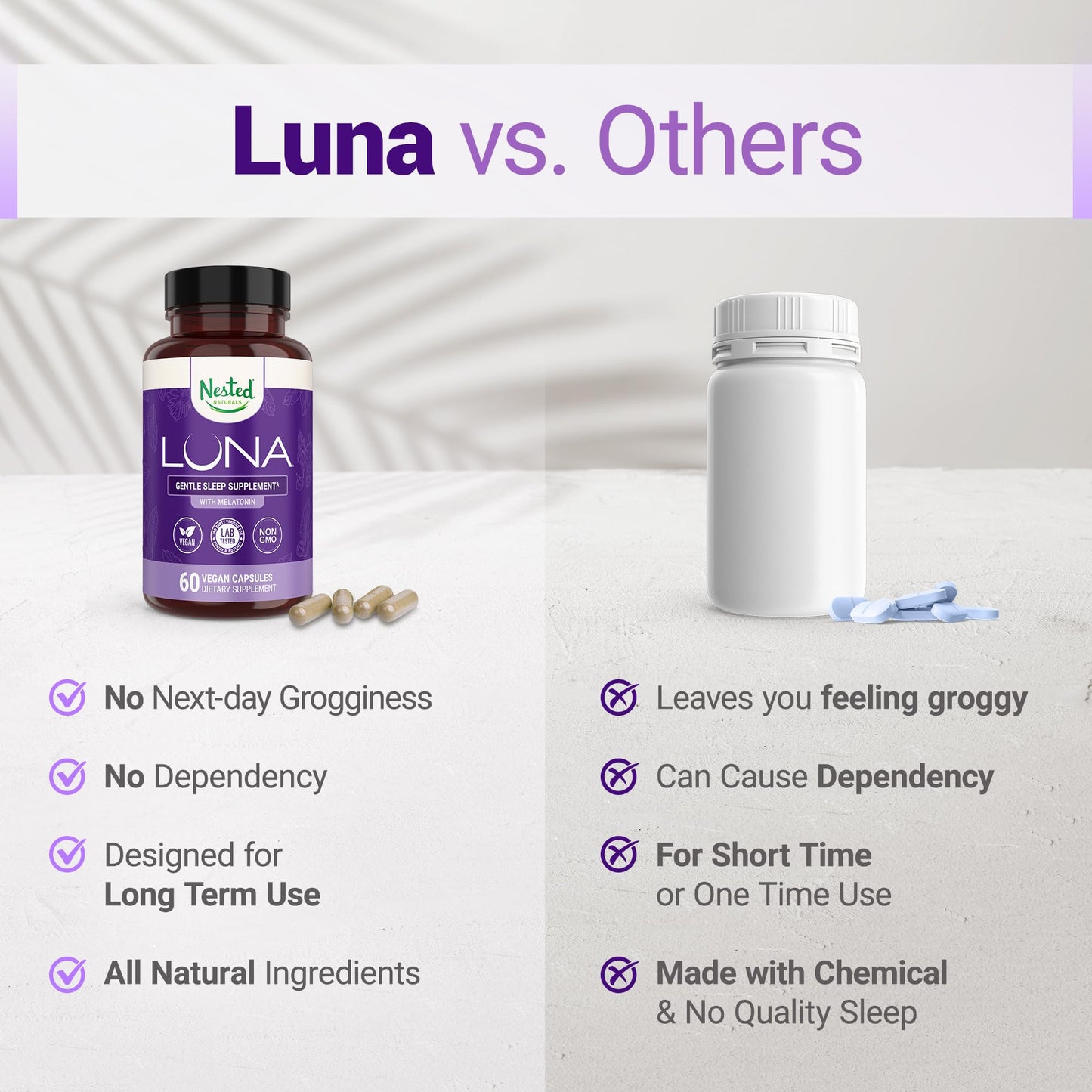 Nested Naturals Luna Sleep Aid - Non-Habit Forming Natural Sleeping Pills for Adults with Naturally Sourced Ingredients - Valerian Root, Melatonin, Chamomile, Lemon Balm, and More - 60 Vegan Capsules