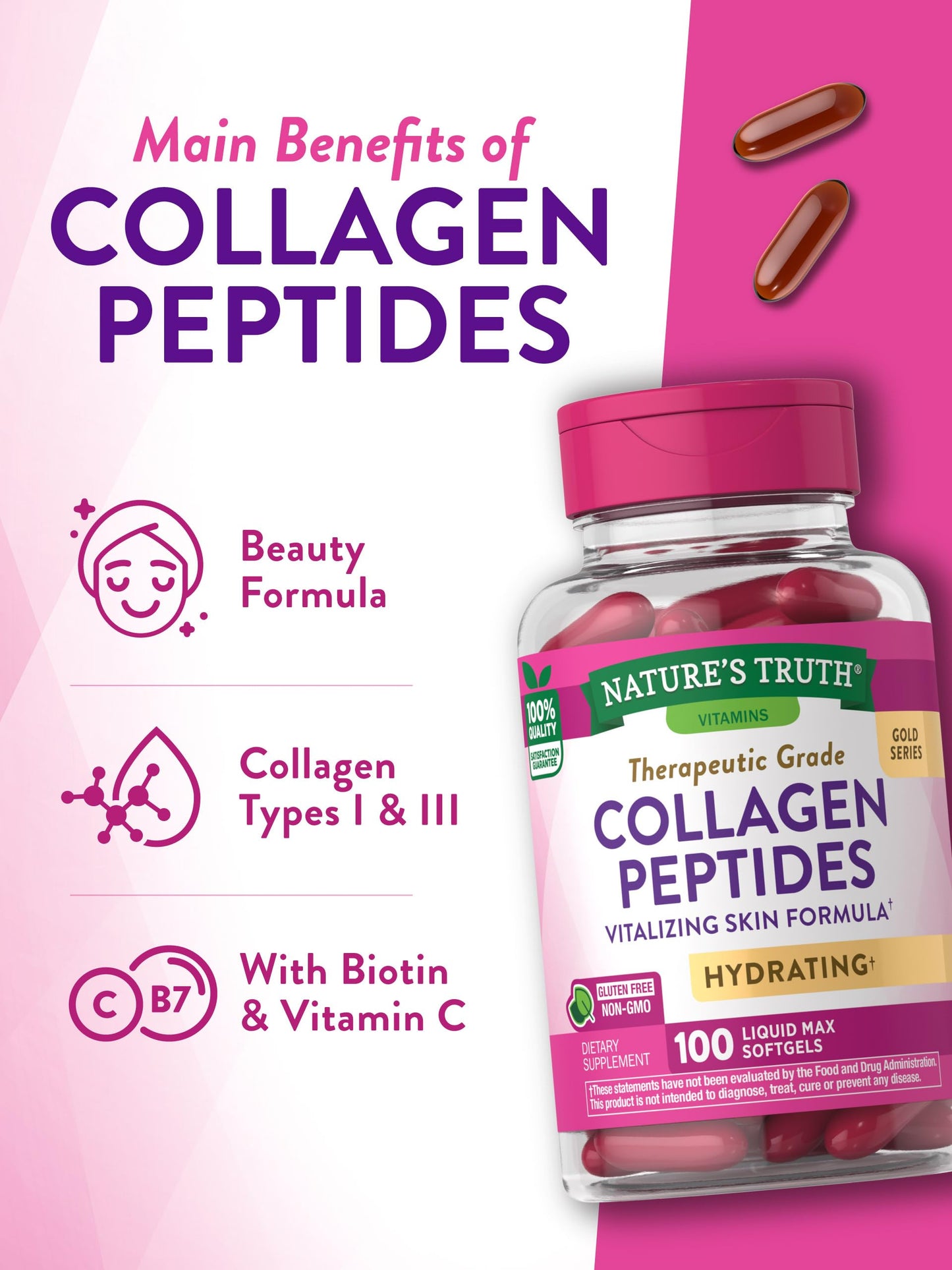 Nature's Truth Collagen Beauty Supplement | 100 Liquid Max Softgels | Non-GMO & Gluten Free Pills | Hydrating Formula
