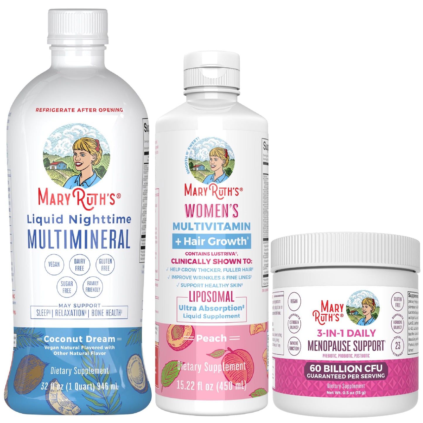 MaryRuth Organics Women's MultivitaminLustriva Hair Growth, Menopause Support, & Daily Liquid Multimineral, 3-Pack Bundle for Hair Support, Skin Health, Immune Support, Gut Health, and Sleep Support