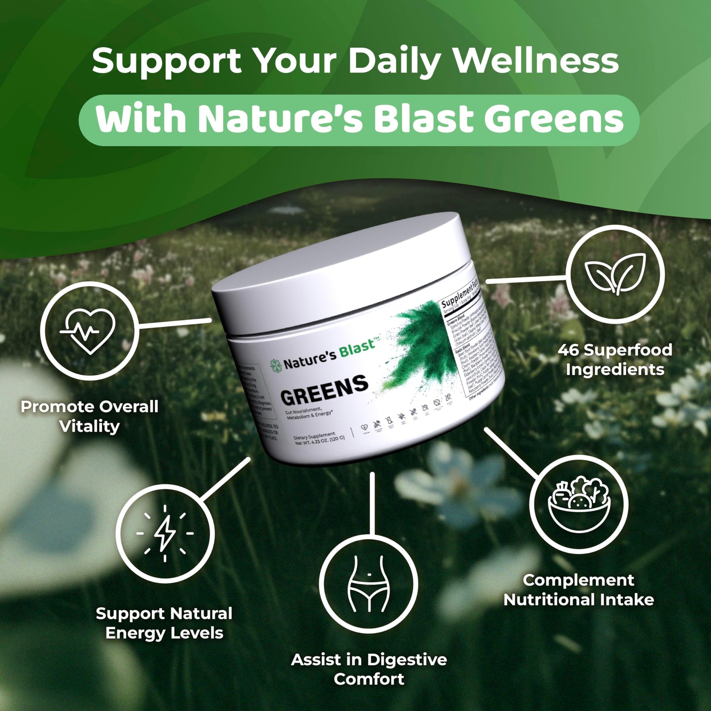NATURES BLAST Greens Superfood Powder - 46 Superfoods, Probiotics & Enzymes for Gut Health, Metabolism & Energy - Vegan Green Powder Blend, 1 Bottle - 30 Servings