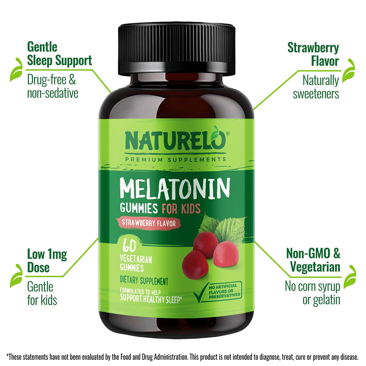 NATURELO Melatonin Gummies for Kids – Non-GMO, Gluten-Free, Soy Free - Strawberry Flavor - Gentle Sleep Supplement - 60 Vegetarian Gummies