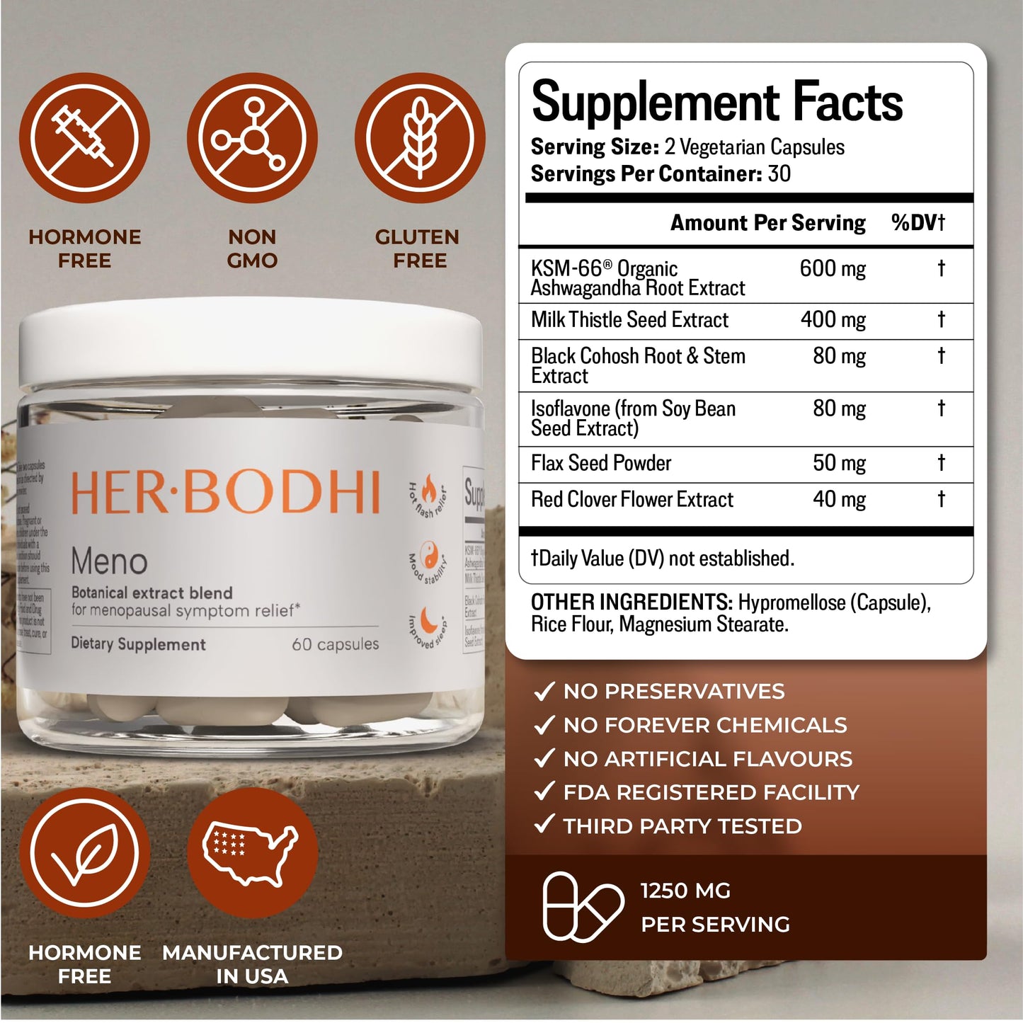 Her Bodhi Meno- Menopause Hormonal Balance for Women, Estrogen Soy Isoflavones Menopause Supplement for Women, Ashwagandha, Black Cohosh Hot Flashes Menopause Relief, Night Sweats Relief 300Caps