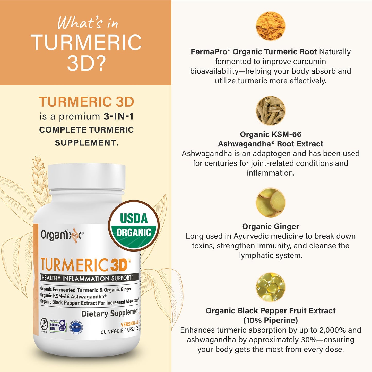 Organixx USDA Organic Turmeric Curcumin Supplement with Ashwagandha, Vitamin D, Turmeric & Ginger – Immune & Joint Support, Fermented for Maximum Bioavailability, 60 Vegetarian Capsules