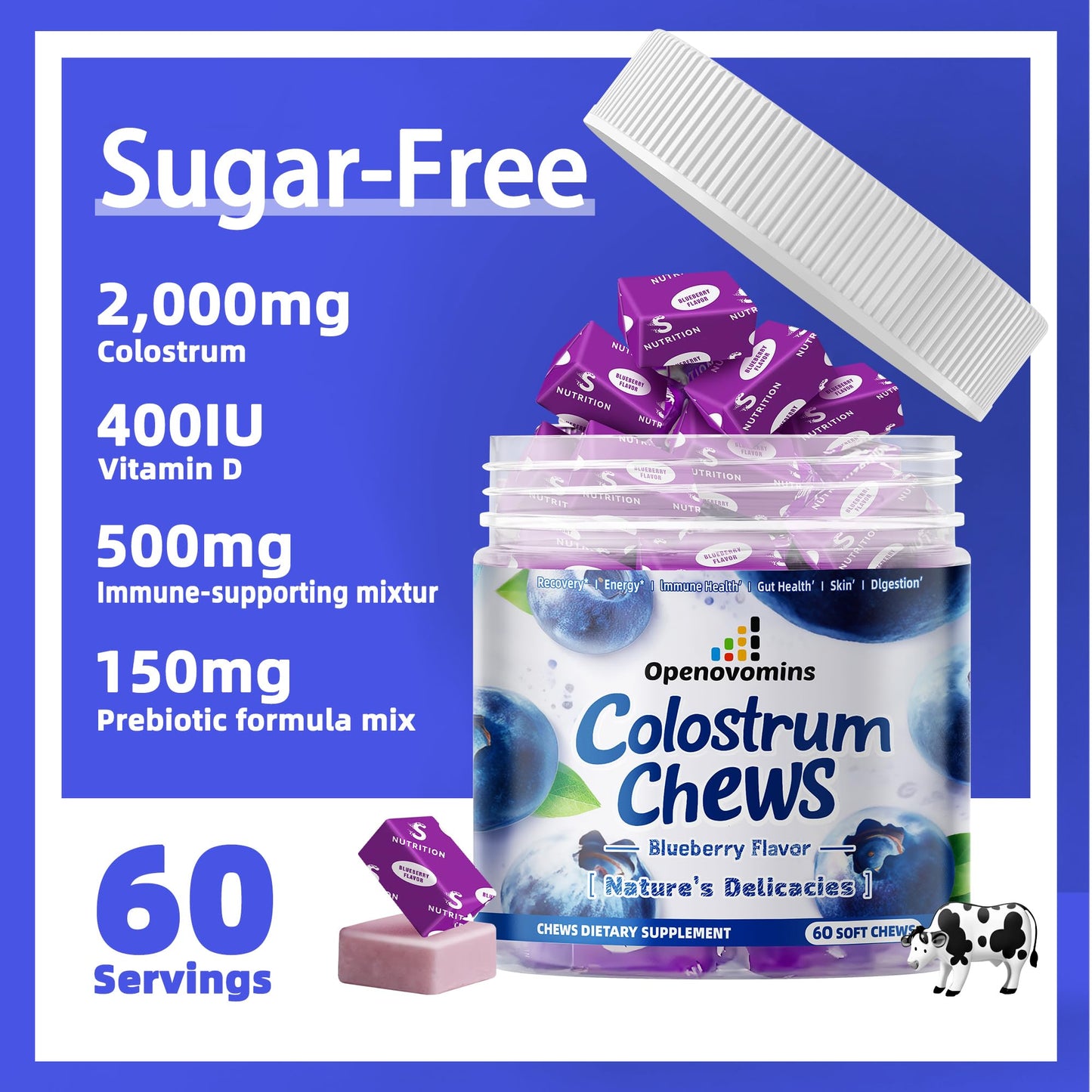 Bovine Colostrum Soft Chews Supplement with probiotics for Gut Health, Bloating, Immune Support, Skin, Hair Growth and Beauty - Blueberry Flavor (60 Servings)