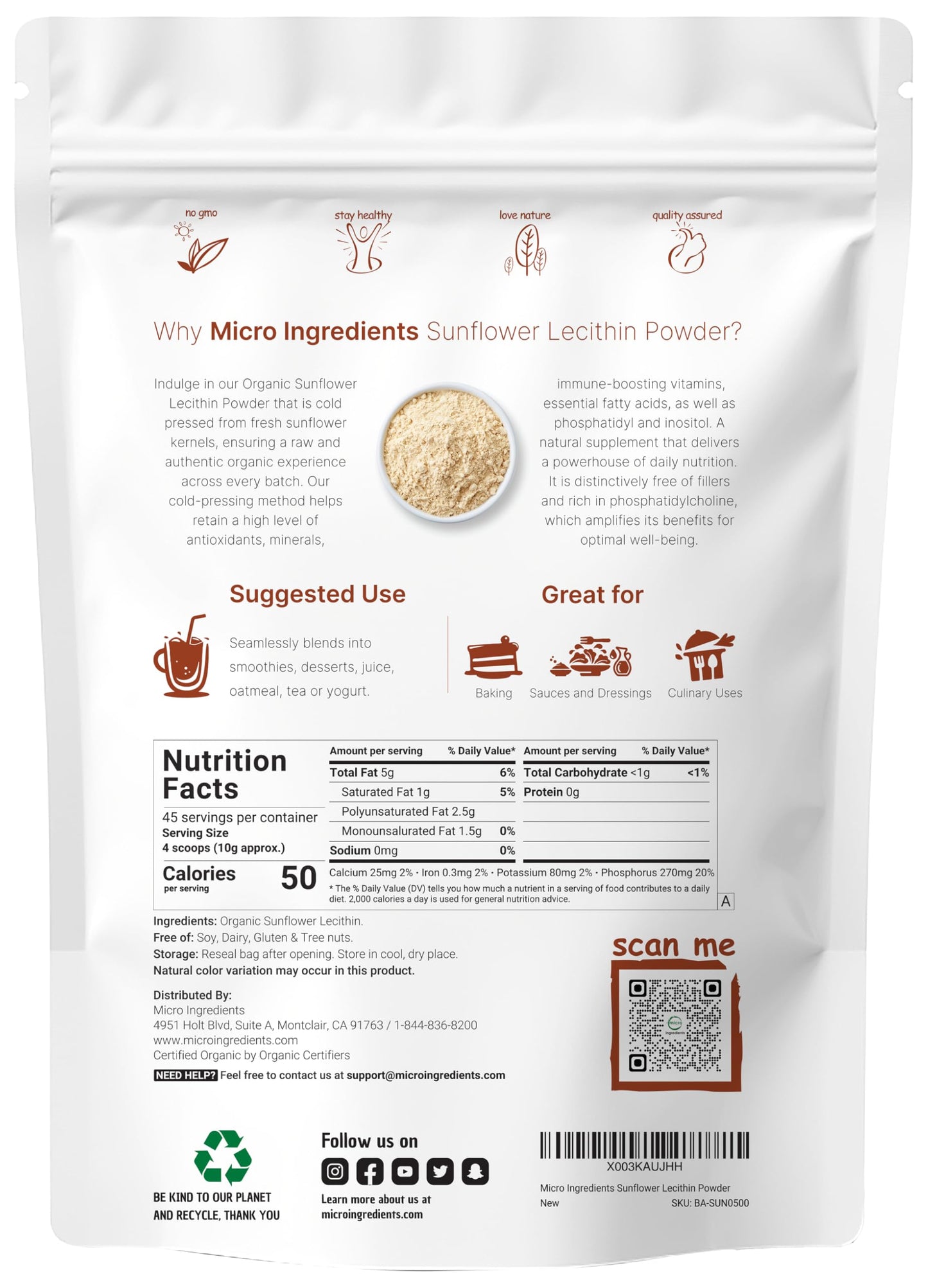 Micro Ingredients Organic Sunflower Lecithin Powder, 1 Pound, Sustainable Farmed, Cold Pressed, Rich in Phosphatidyl Choline and Protein, Making Liposomal Vitamin C, Lactation Supplement, Non-GMO