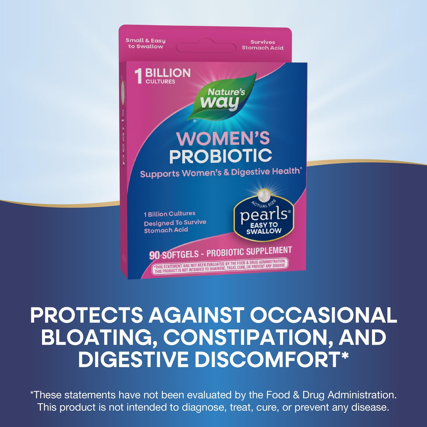 Nature's Way Women's Probiotic Pearls, Supports Women's and Digestive Health*, Protects Against Occasional Constipation & Bloating*, 1 Billion Live Cultures, 90 Softgels (Packaging May Vary)