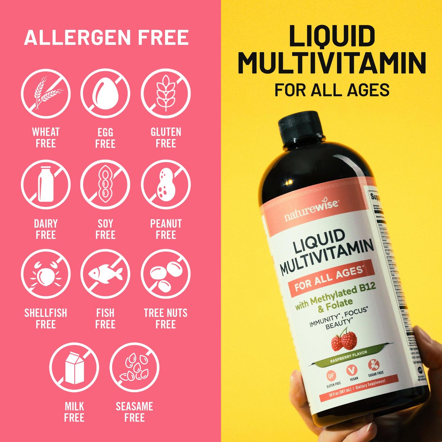 NatureWise Liquid Multivitamin for Women, Men of All Ages - Sugar Free, Vegan - Vitamins for Energy Levels, Beauty, Immune Health with Methylated B12 & Folate - Non-GMO - 30 fl oz(887 mL)