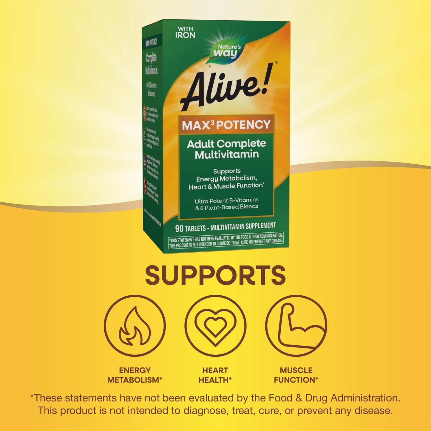 Nature's Way Alive! Max3 Potency Multivitamin, Ultra Potency B-vitamins to Support Energy Metabolism*, with Methylated B12 and Folate, 90 Tablets