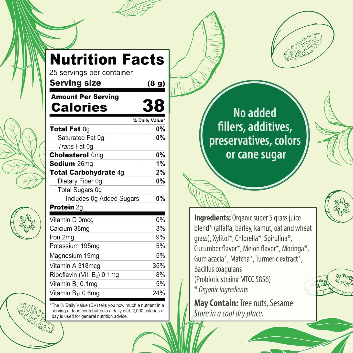 Organic Traditions Super Greens Powder Superfood with Turmeric, Cucumber Melon Flavored Organic Greens Superfood Powder, 200g / 7oz Bag