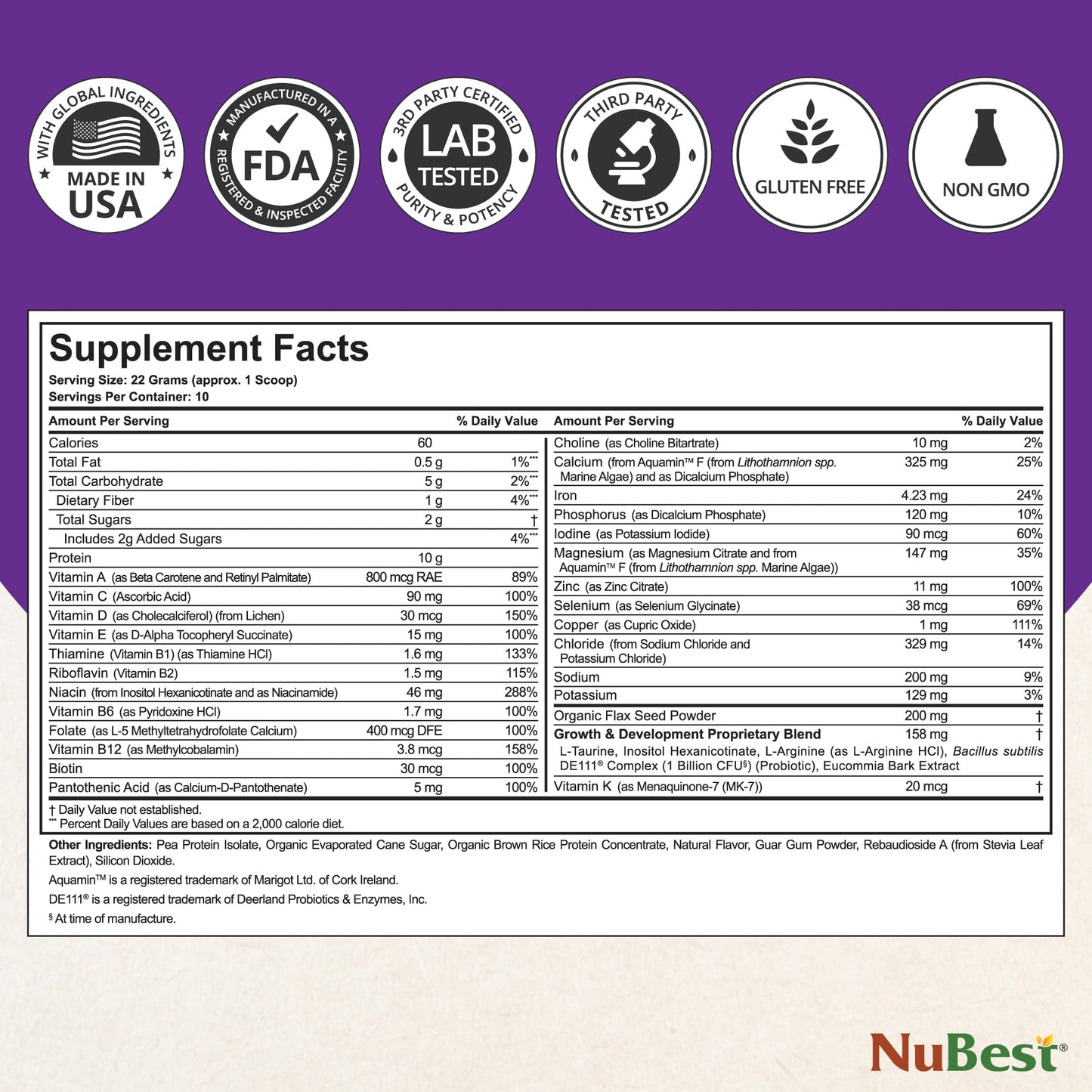 NuBest Protein Powder - Vanilla Plant Based Protein - Vegan Protein Powder for Kids & Teens - Healthy & Immunity with Probiotics, Omega 3-6-9, Vitamin D3 + K2, Calcium & Vitamins - 10 Servings