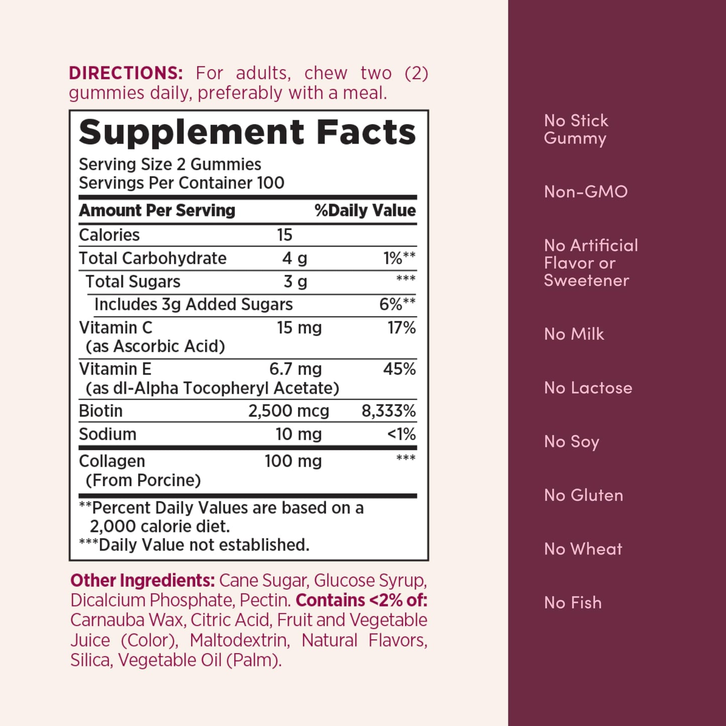 Nature's Bounty Optimal Solutions Hair, Skin and Nails Collagen Pectin Gummies, 100 mg Collagen and 2,500 mcg Biotin Per Serving, No Stick Gummy, Tropical Citrus Flavor, 200 ct, 100 Total Servings