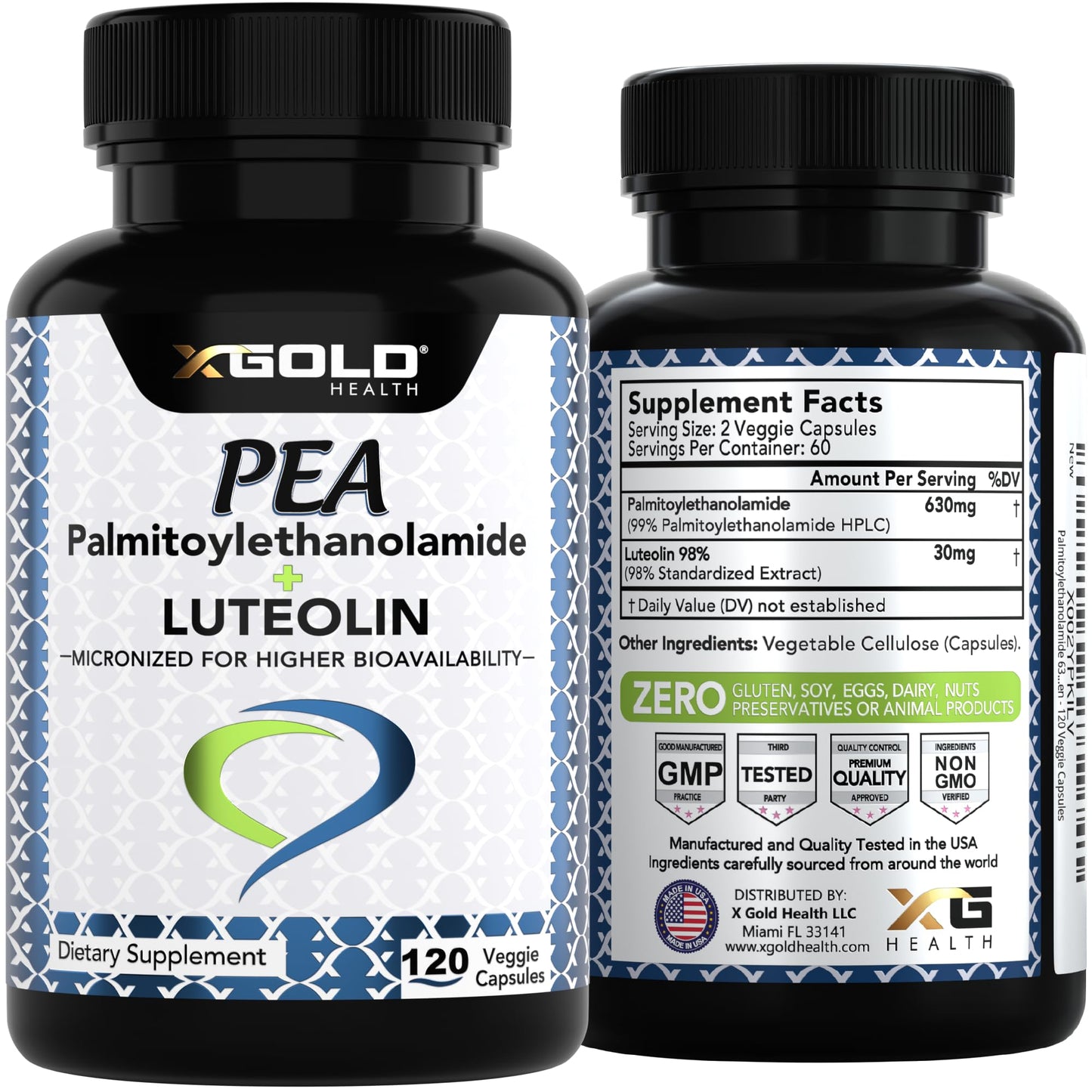 Palmitoylethanolamide 630 mg + Luteolin Standardized 98%- Micronized Pea 99% Highly Purified and Bioavailable - Made in USA - Supplement for Men and Women - 120 Veggie Capsules
