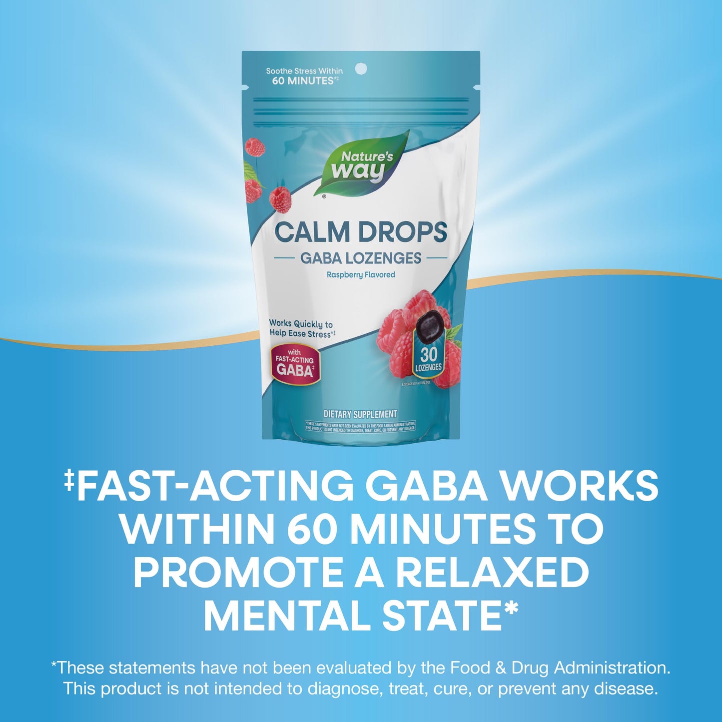 Nature's Way Calm Drops, Works Quickly to Help Ease Stress*(1), Fast-Acting GABA, Individually Wrapped Lozenges, Raspberry Flavored, 30 Lozenges