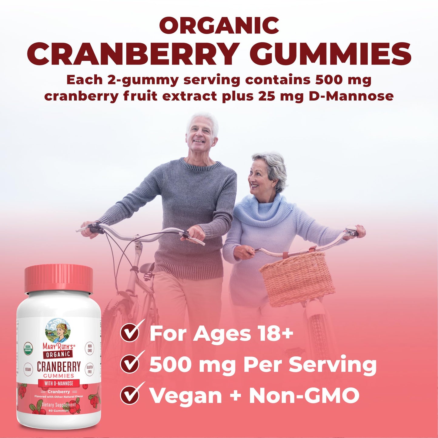 Organic Cranberry Gummies by MaryRuth's | 500mg Cranberry Supplement | Urinary Tract Health for Women | with D Mannose | Traditional Use | USDA Organic | Vegan | Non GMO | 30 Servings