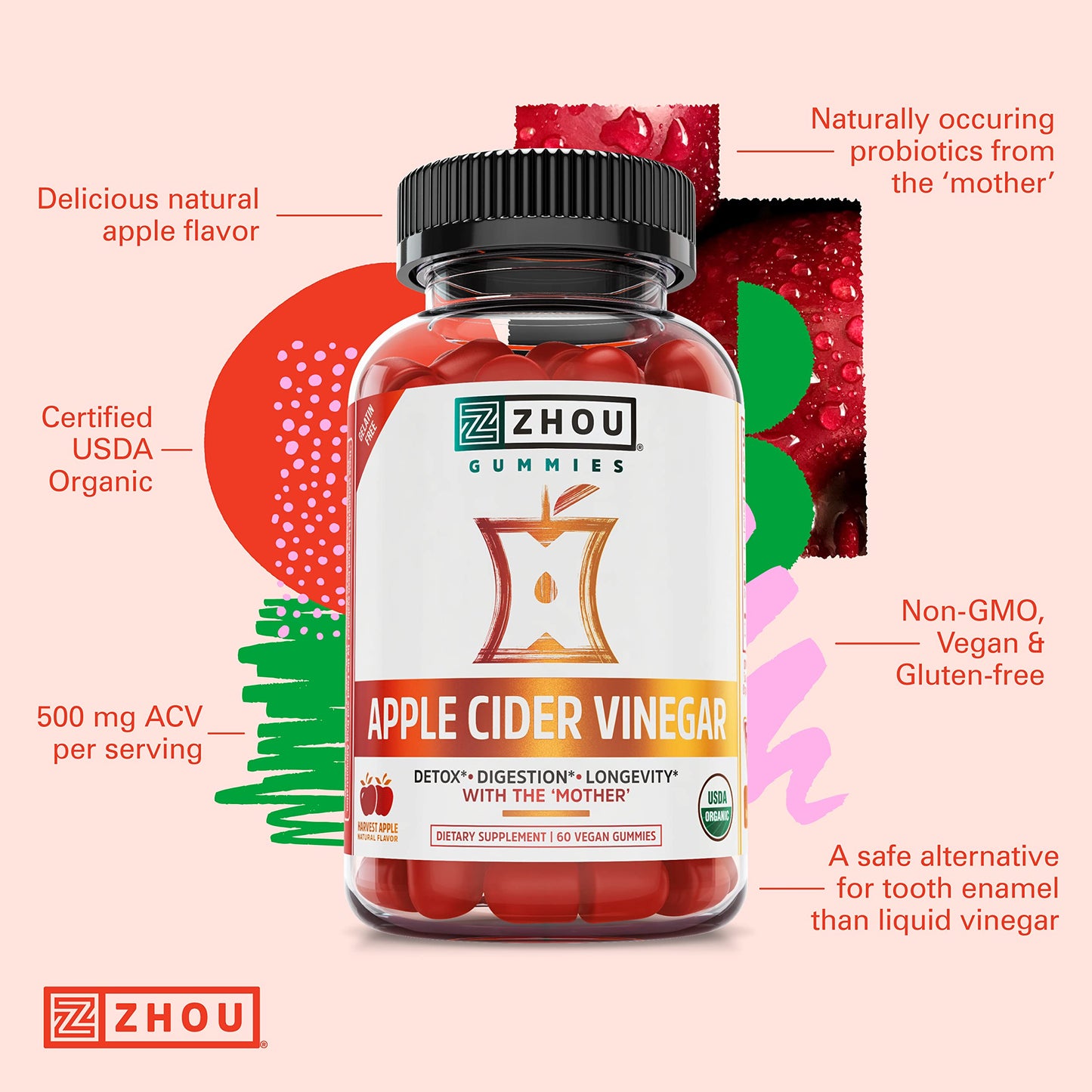 Zhou Apple Cider Vinegar Gummies - ACV Gummies for Women and Men with Elderberry, Delicious Taste with Raw Cane Sugar, USDA Organic - 60 Vegan Gummies