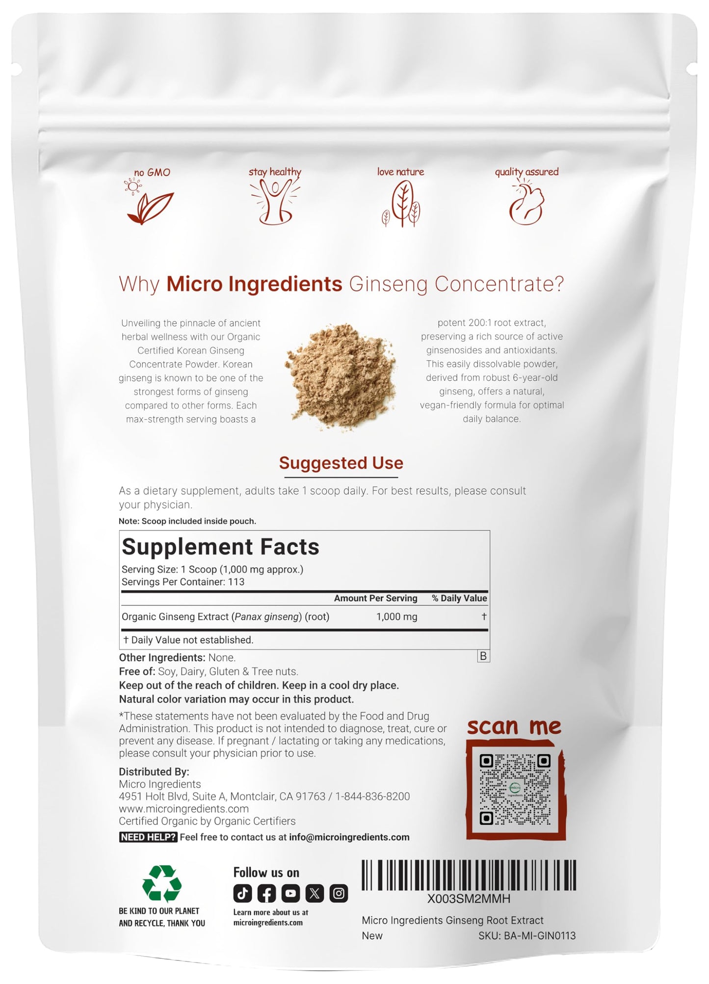 Micro Ingredients Maximum Strength Organic Korean Ginseng Root 200:1 Powder, 4 Ounce, Red Panax Ginseng Powder, Active Ginsenosides, Vegan Friendly