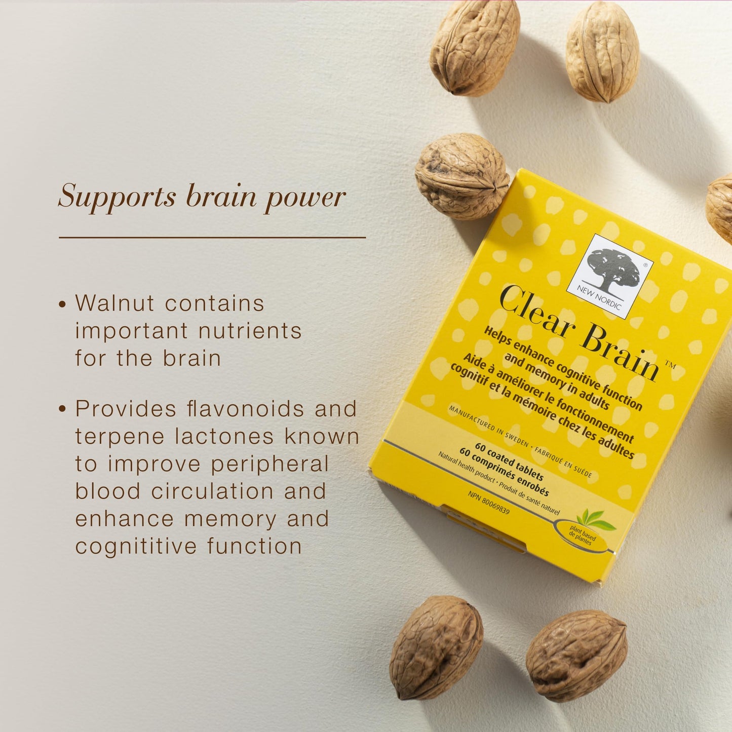 New Nordic Clear Brain Tablets, Supports Normal Cognitive Health and Memory, with Green Tea and Walnut, Swedish Made, 60 Count (Pack of 1)
