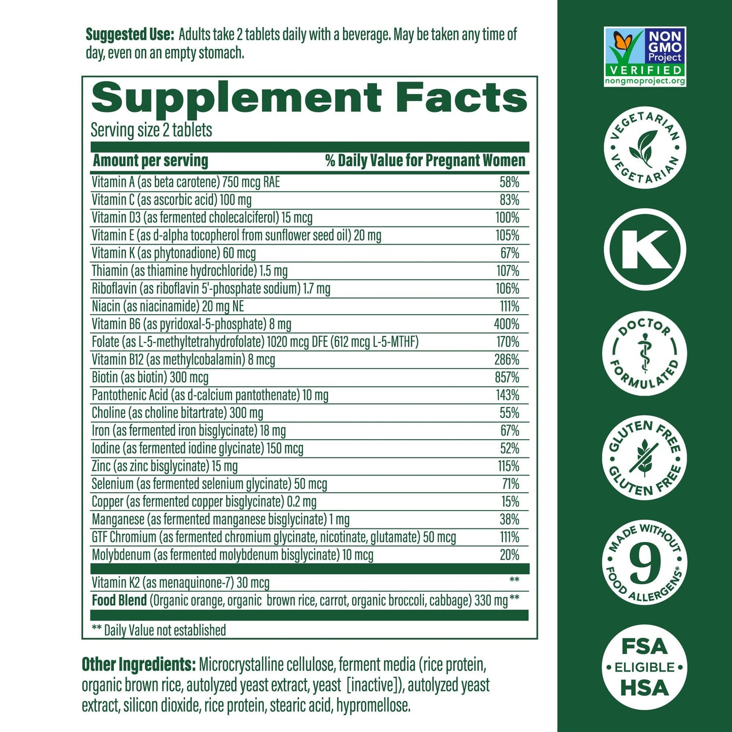 MegaFood Baby & Me 2 Prenatal Multi - Prenatal Vitamins for Women with Choline, Methyl Folate, Iron - Gluten-Free, Vegetarian, Pre Natal Multivitamin for Women - 60 Tablets, 30 Servings
