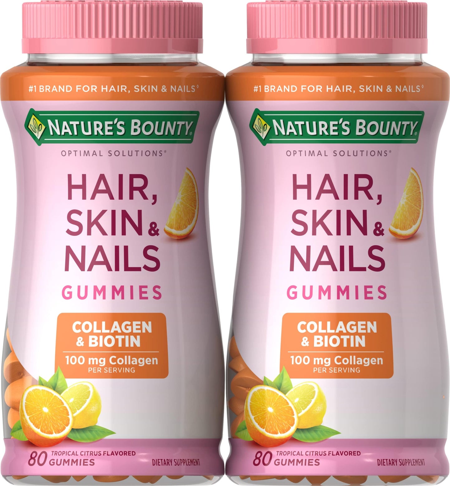 Nature's Bounty Hair, Skin & Nails with Biotin and Collagen, Citrus-Flavored Gummies Vitamin Supplement, Supports Hair, Skin, and Nail Health for Women, 2500 mcg, 80 Ct (2 pack), 80 total servings
