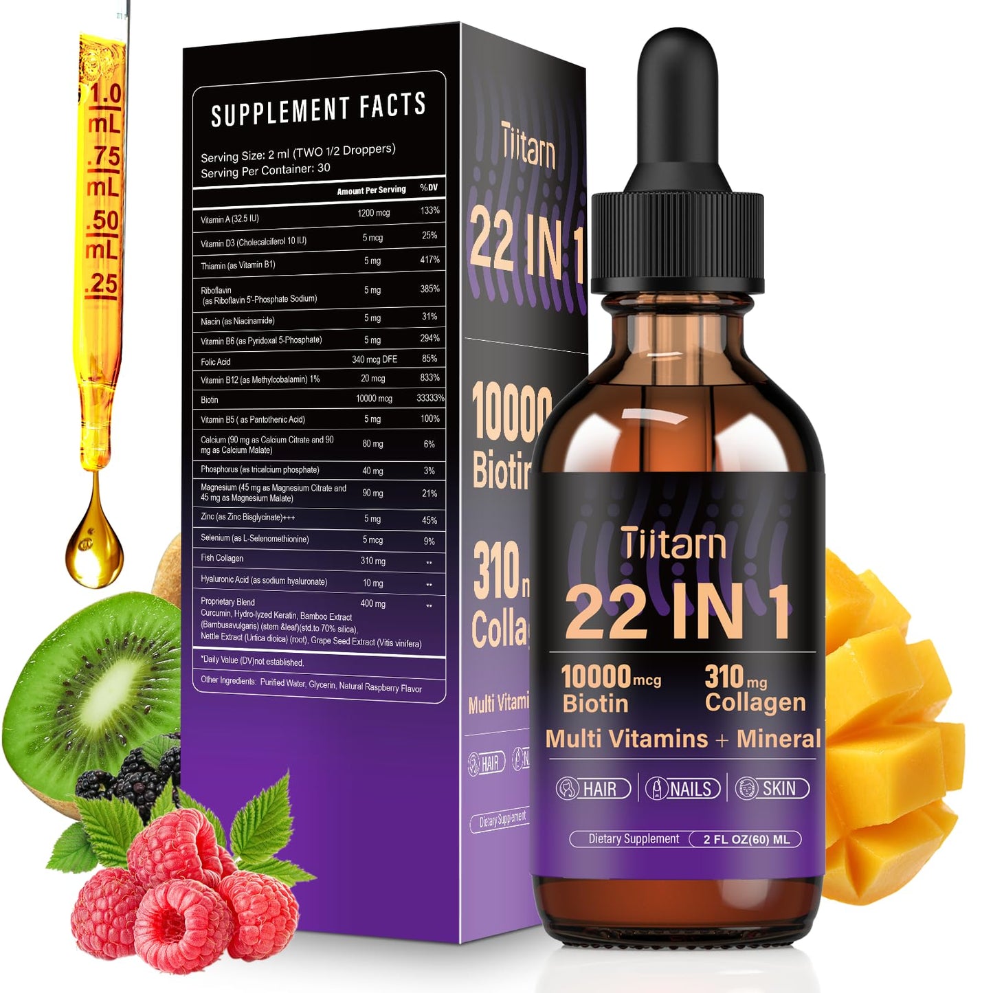 Liquid Collagen, Biotin & Hyaluronic Acid – Hair Growth Vitamins and Mineral Supplements for Women and Men Supports Hair, Skin & Nails | Vitamin B Complex-60ML