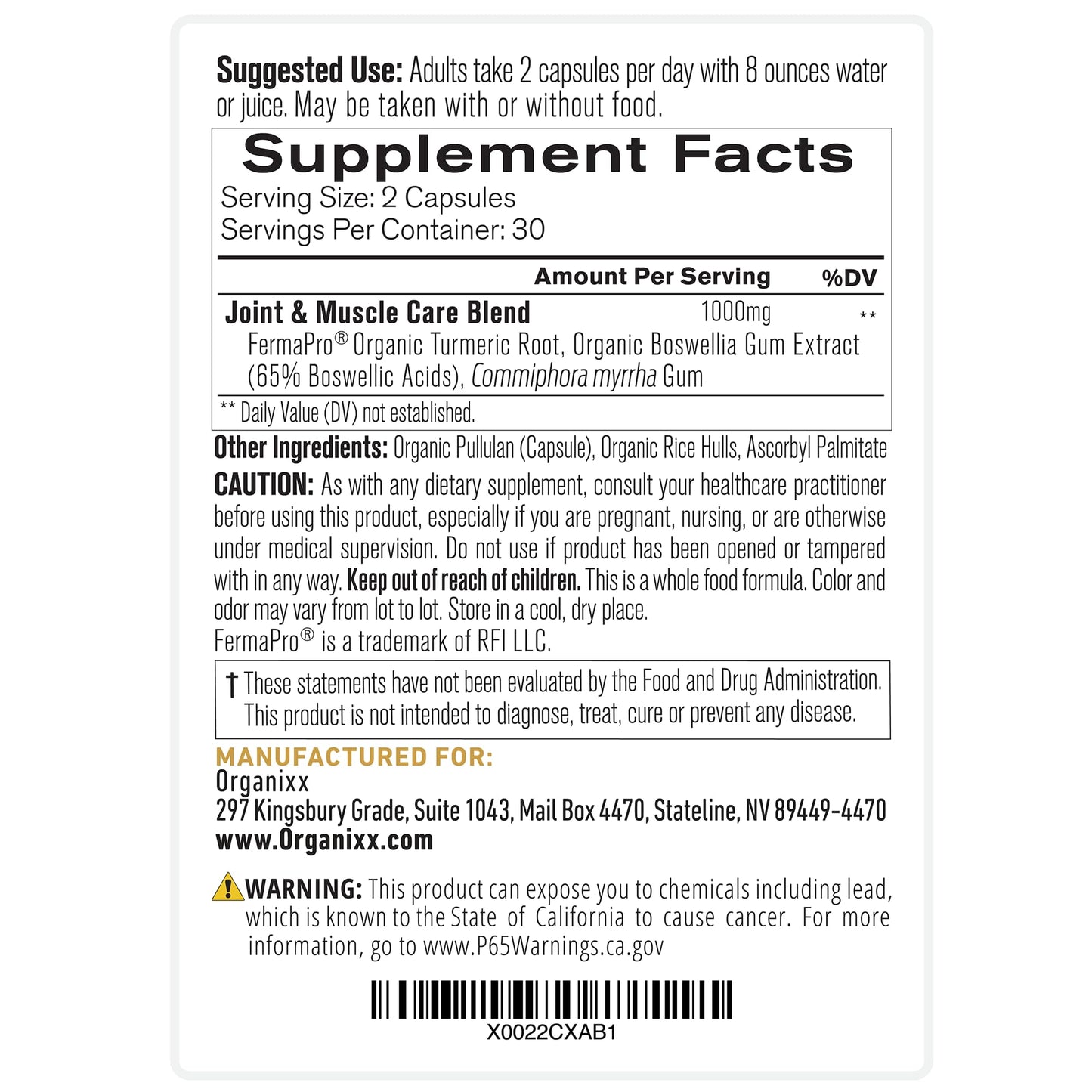 Organixx Joint & Muscle Care Organic Turmeric Supplement, 3-in-1 Frankincense, Turmeric and Myrrh Joint Health & Joint Support Supplement Body Care Capsules, Supports Swelling, Tension, 60 Capsules
