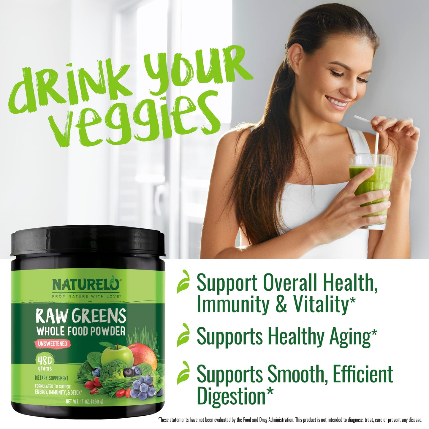 NATURELO Raw Greens Superfood Powder - Unsweetened - Boost Energy, Detox, Enhance Health - Organic Spirulina - Wheat Grass - Whole Food Nutrition from Fruits & Vegetables - 480 Grams