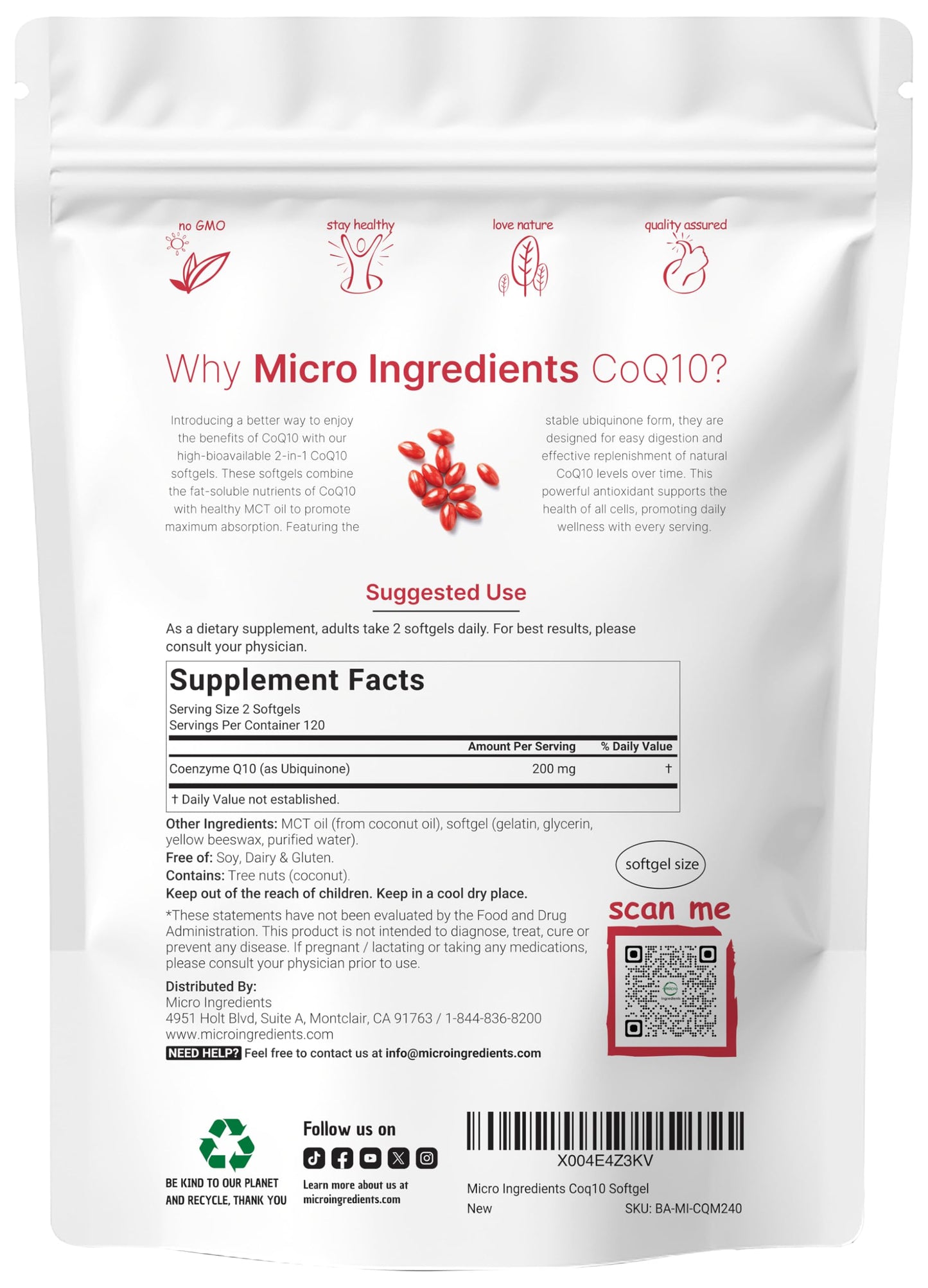 Micro Ingredients CoQ10 200mg Per Serving | 240 Softgels with Coconut MCT Oil | High Absorption Coenzyme Q10 as Ubiquinone | Antioxidant Support for Heart & Energy Health | Non-GMO