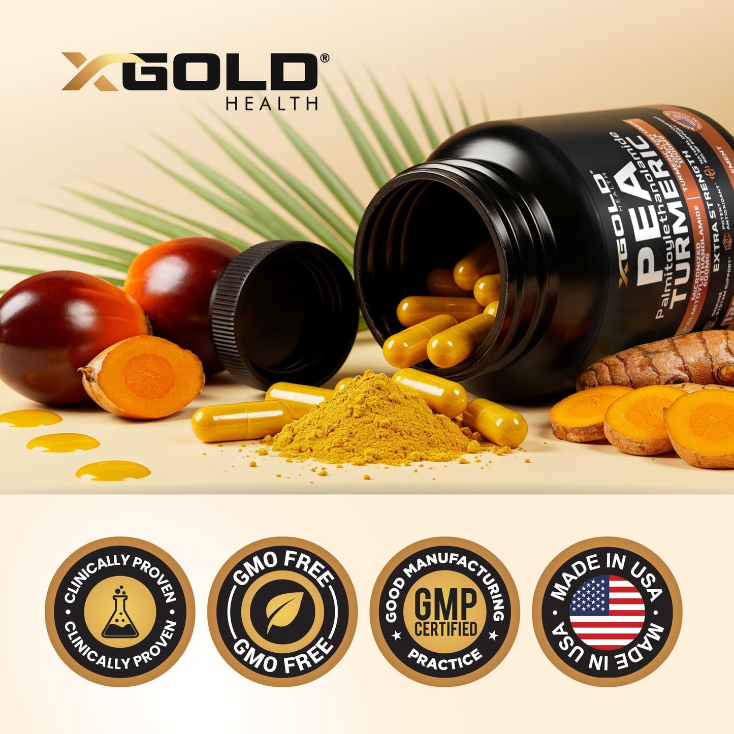 Palmitoylethanolamide 600mg + Turmeric Curcumin Complex 1000mg: Micronized Pea 99% Highly Purified and Bioavailable - Made in USA - Supplement for Men and Women - 120 Veggie Capsules
