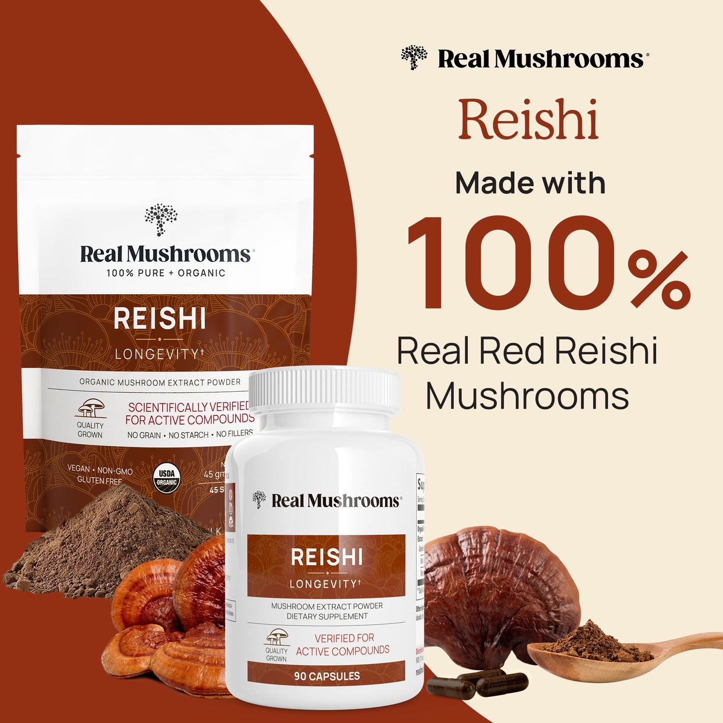 Real Mushrooms Reishi Mushroom Capsules - Handpicked Organic Mushrooms Extracts - Red Reishi for Daily Wellness with Verified Beta Glucans – Vegan Non-GMO Organic Mushroom Complex– 90 ct