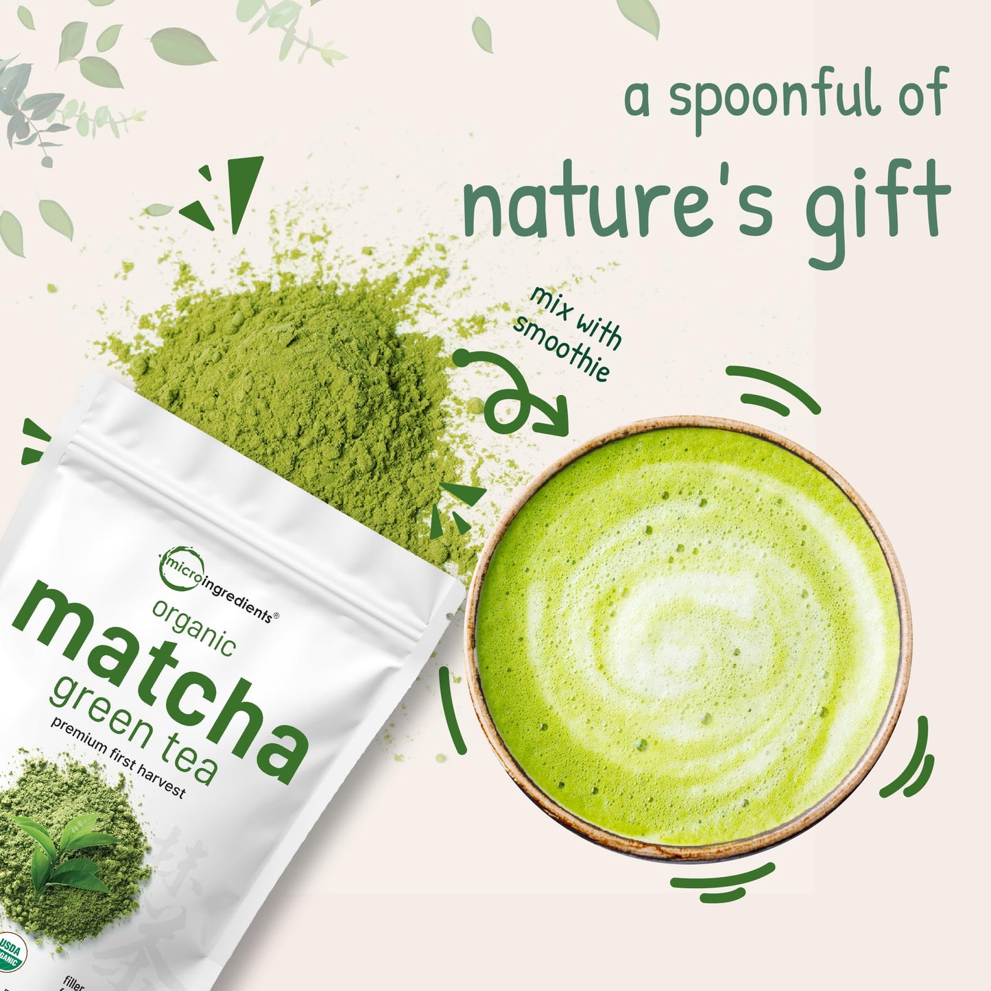 Micro Ingredients Organic Matcha Green Tea Powder, 1lb | Premium First Harvest Japanese for Daily Beverage | 100% Pure Culinary Grade | No Sugar, Eco-Friendly Recyclable Bags