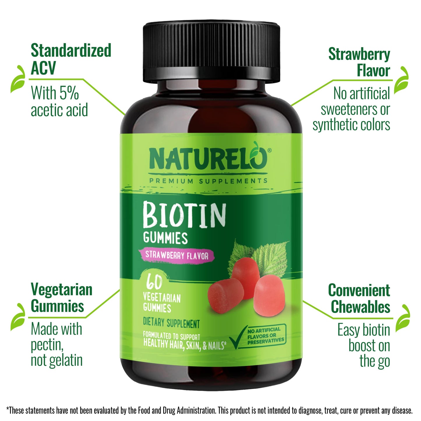 NATURELO Biotin Gummies - Supports Healthy Hair, Skin & Nails - High Potency 2500 mcg - Non GMO, Gluten Free - 60 Gummies