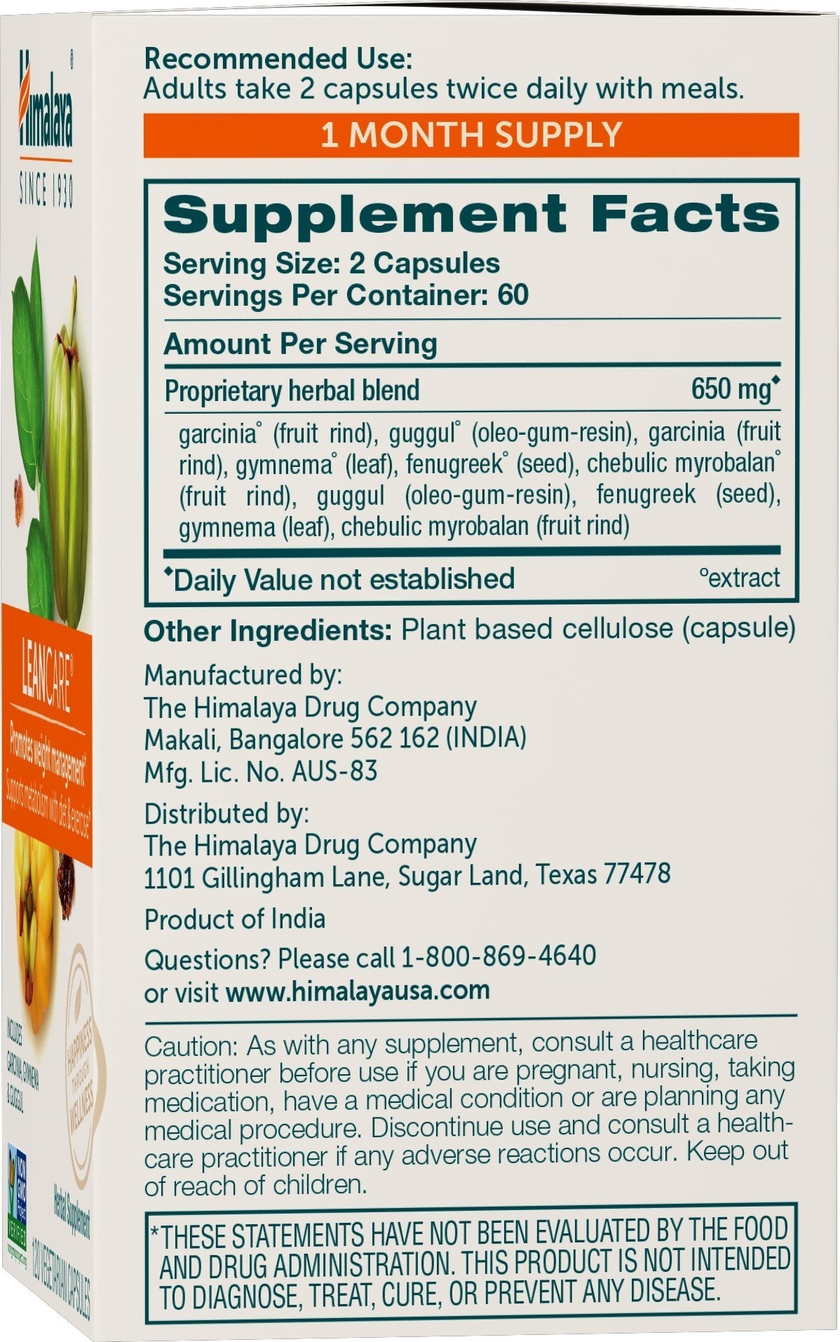 Himalaya LeanCare Herbal Supplement for Weight Support, Promotes Healthy Body Weight and Metabolism, Garcinia, Gymnema, Guggul, Non-GMO, Vegan, 600 mg, 120 Vegetarian Capsules, 30 Day Supply