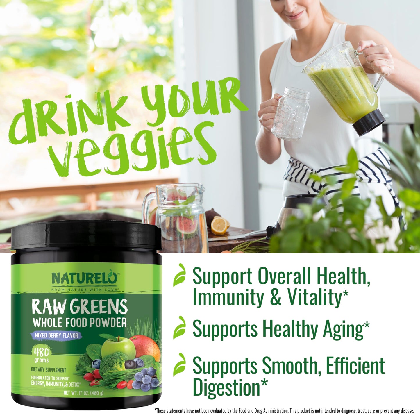 NATURELO Raw Greens Superfood Powder - Mixed Berry - Boost Energy, Detox, Enhance Health - Organic Spirulina - Wheat Grass - Whole Food Nutrition from Fruits & Vegetables - 480 Grams