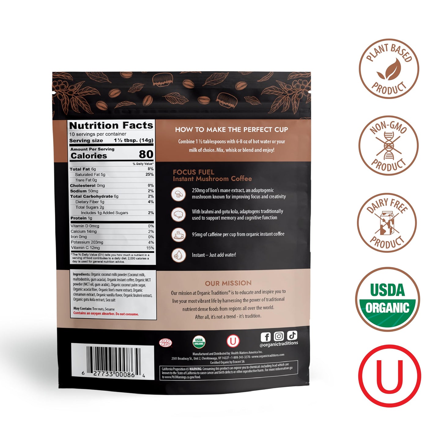 Organic Traditions Focus Fuel Mushroom Coffee – Organic Instant Mushroom Coffee with Lion’s Mane, Adaptogens, MCTs & Coconut Milk Powder – Supports Focus, Memory & Creativity (10 Servings) 140g/5oz
