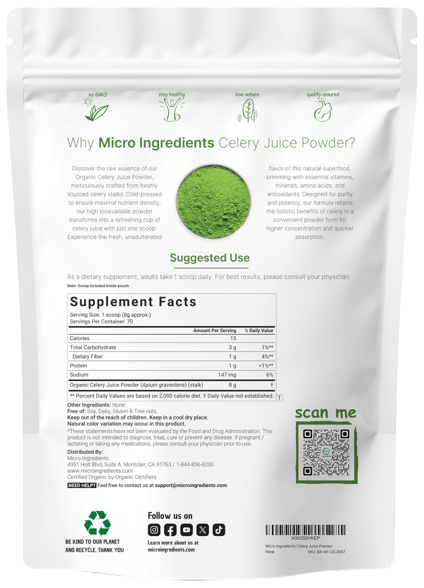 Organic Celery Juice Powder, 20 Ounce (1.25 Pound), 70 Serving, Celery Detox and Cold Pressed, Boosts Immune System, Energy and Supports Gut Health, Rich in Immune Vitamin C and Minerals, Vegan