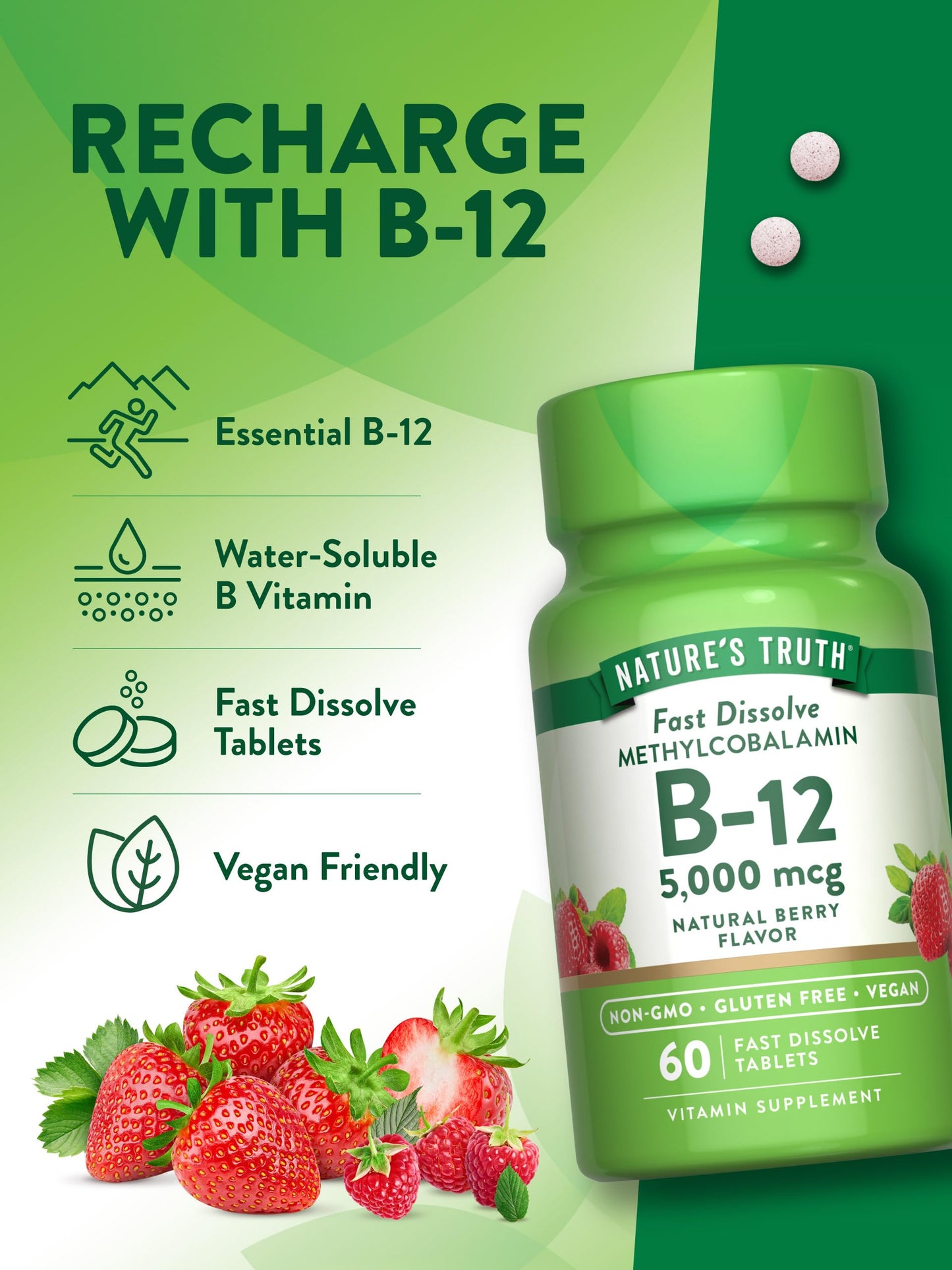Nature's Truth B12 Vitamin 5000 mcg | 60 Tablets | Fast Dissolve Natural Berry Flavor | Vegan, Non-GMO & Gluten Free Supplement